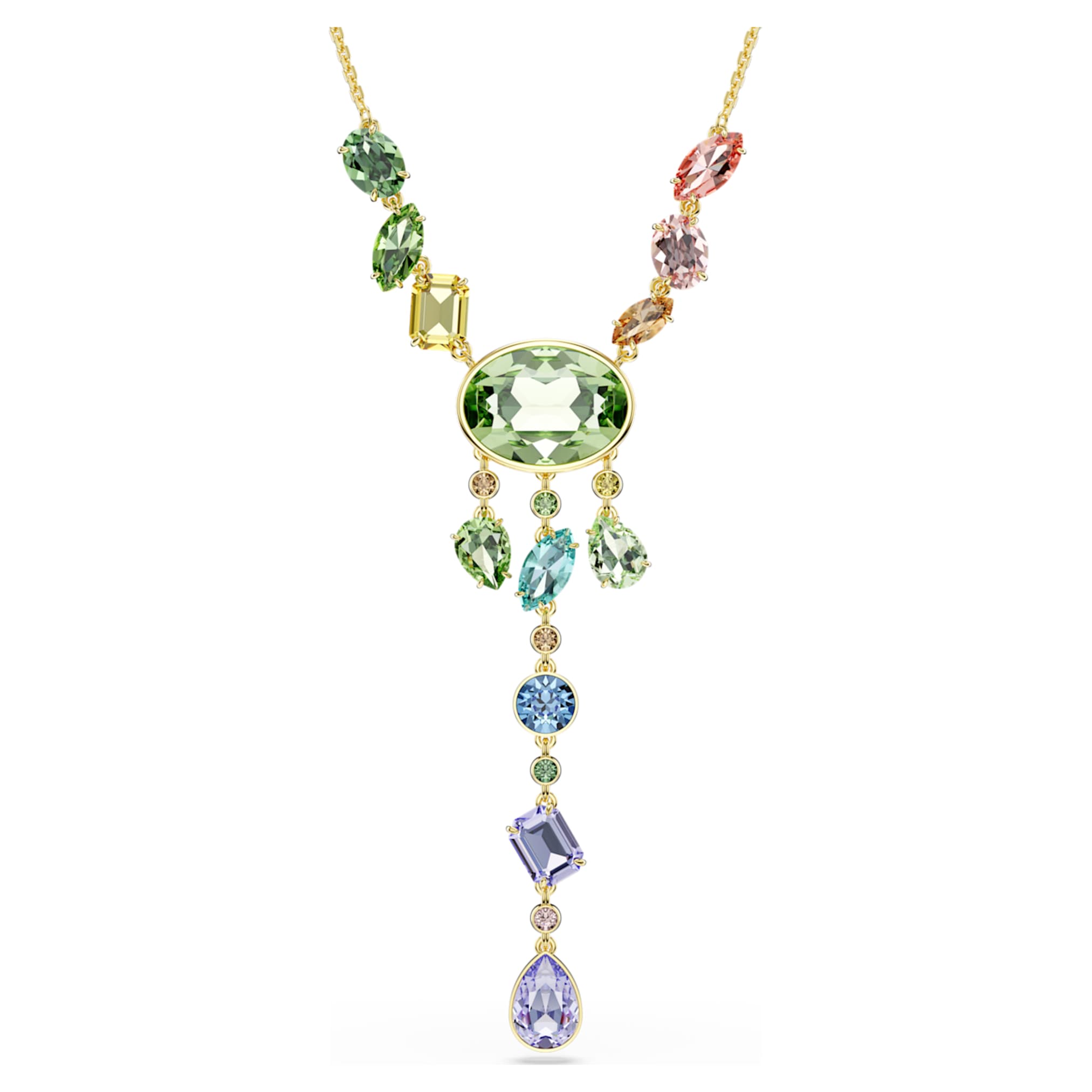 Swarovski Gema Y necklace Mixed cuts, Multicolored, 18K gold finish