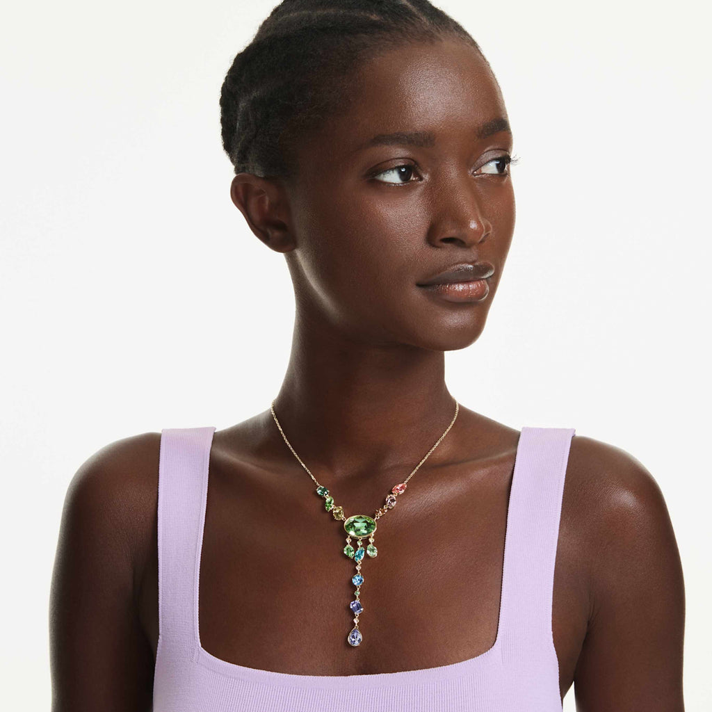 Swarovski Gema Y necklace Mixed cuts, Multicolored, 18K gold finish