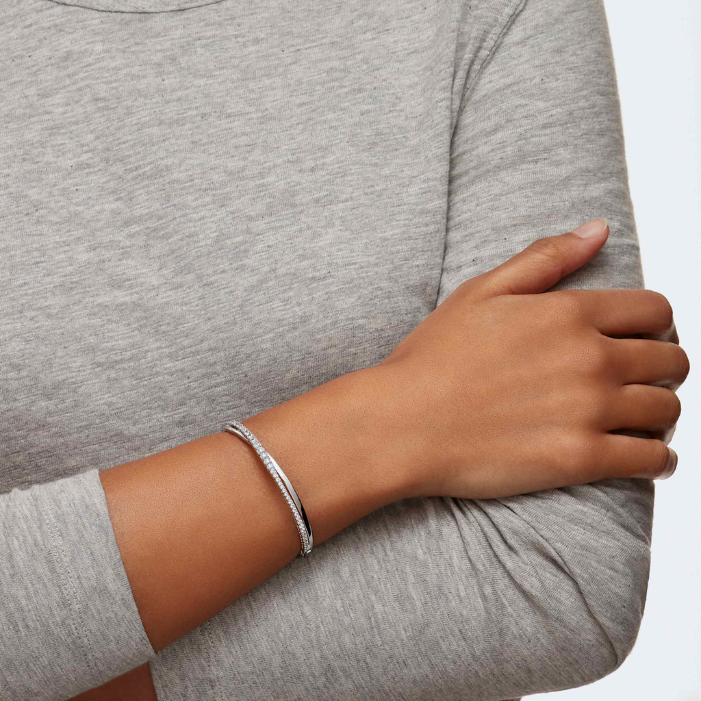 Swarovski Hyperbola bangle Round cut, White, Rhodium plated