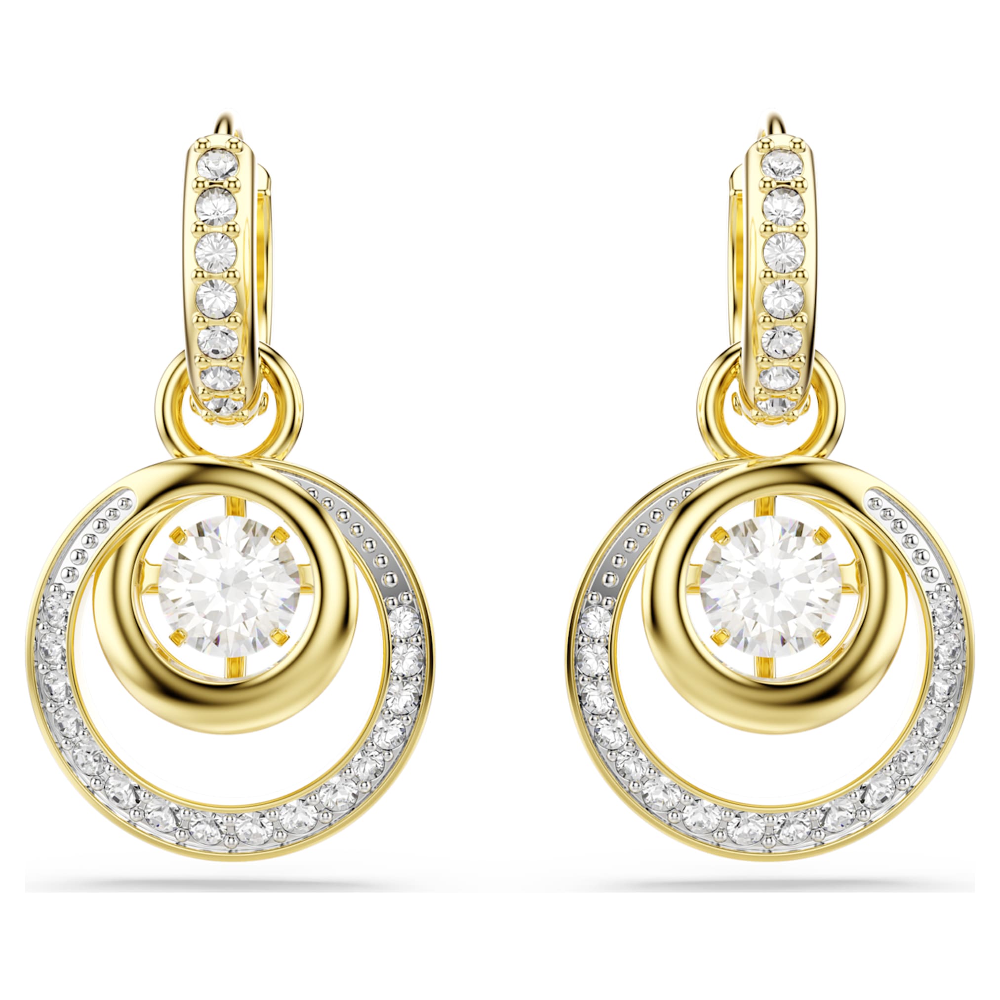 Swarovski Hyperbola drop earrings Round cut, White, 18K gold finish
