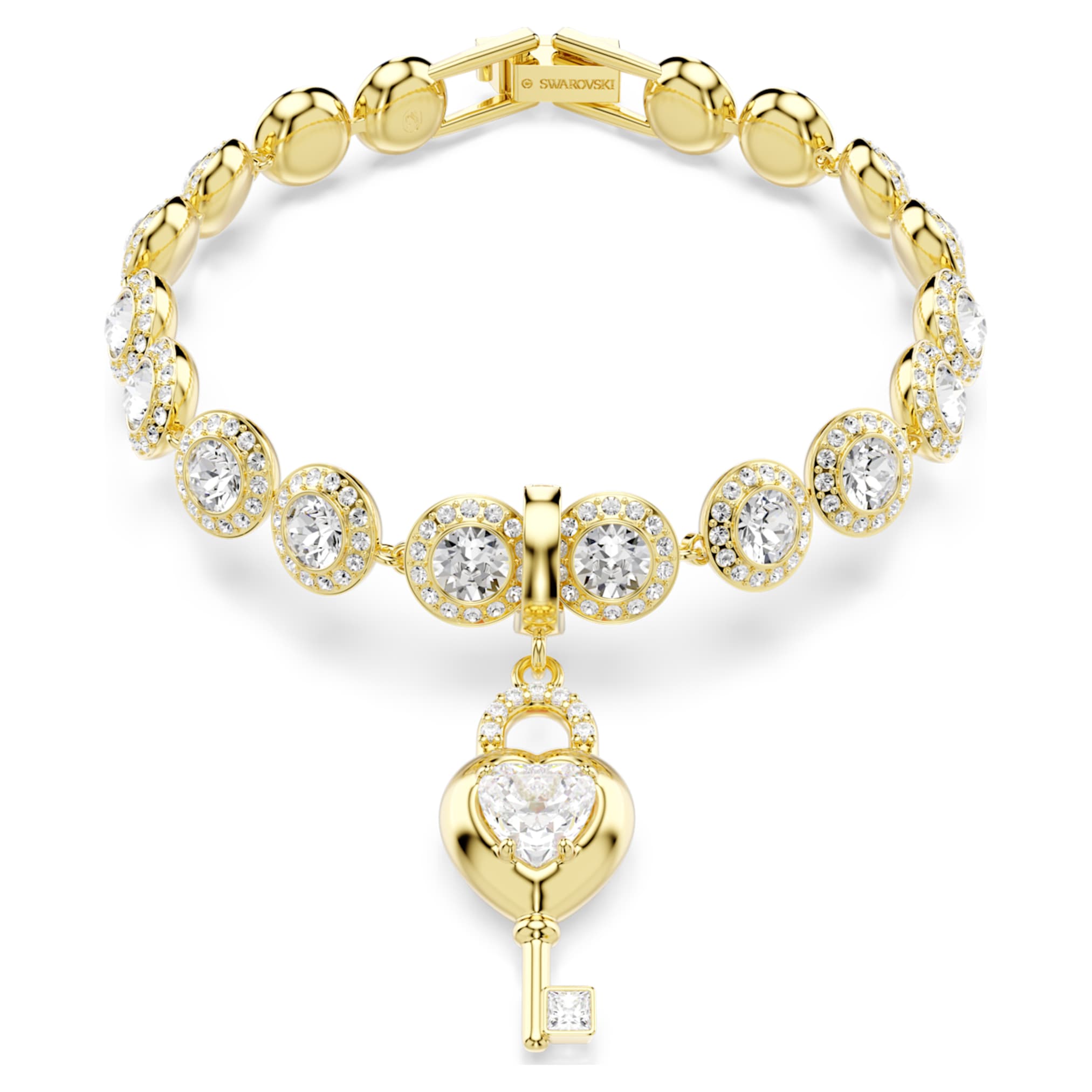 Swarovski Idyllia charm Mixed cuts, Heart with key, White, 18K gold finish