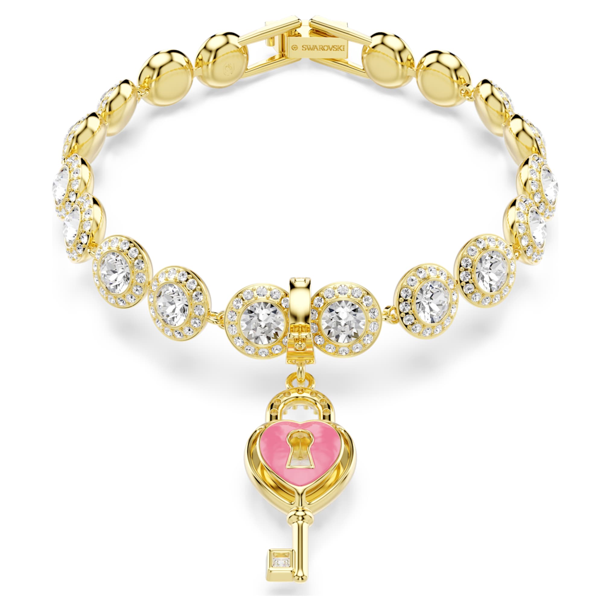 Swarovski Idyllia charm Mixed cuts, Heart with key, White, 18K gold finish