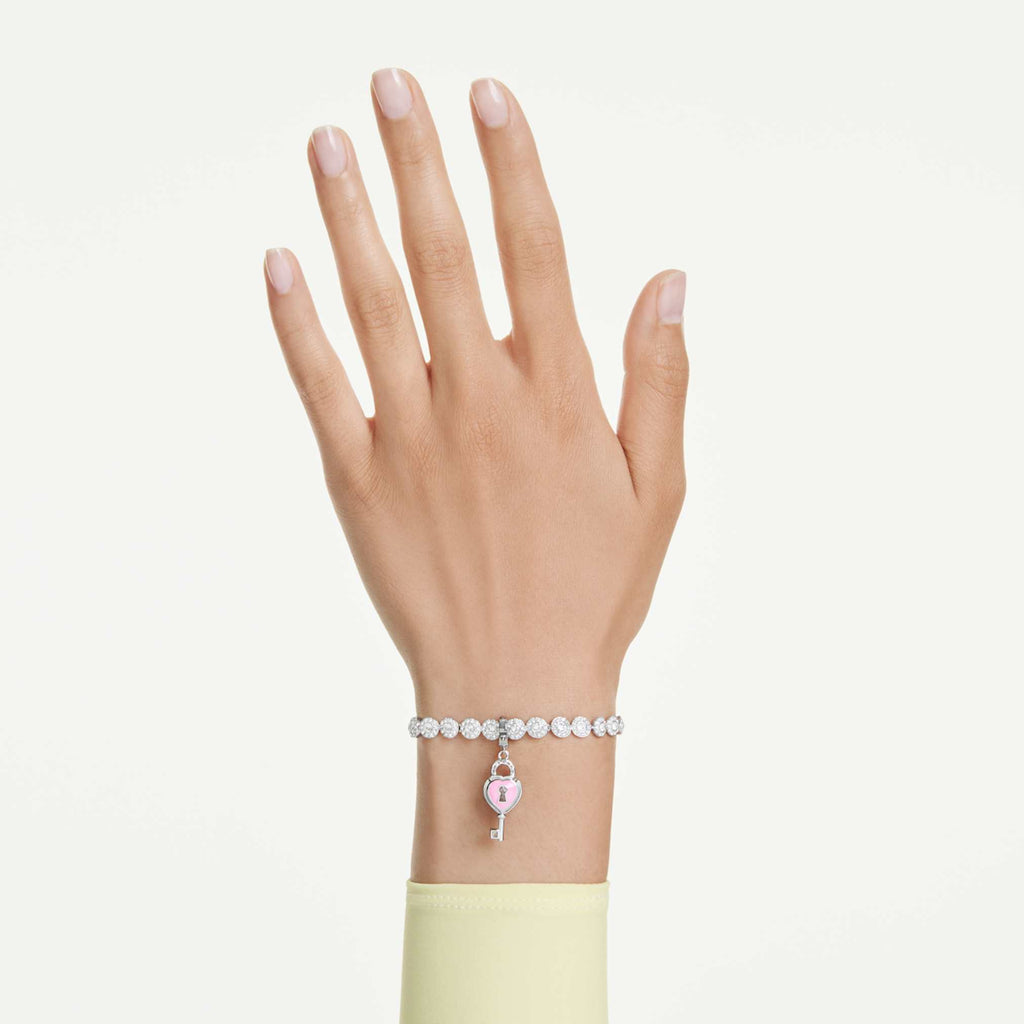 Swarovski Idyllia charm Mixed cuts, Heart with key, White, Rhodium plated