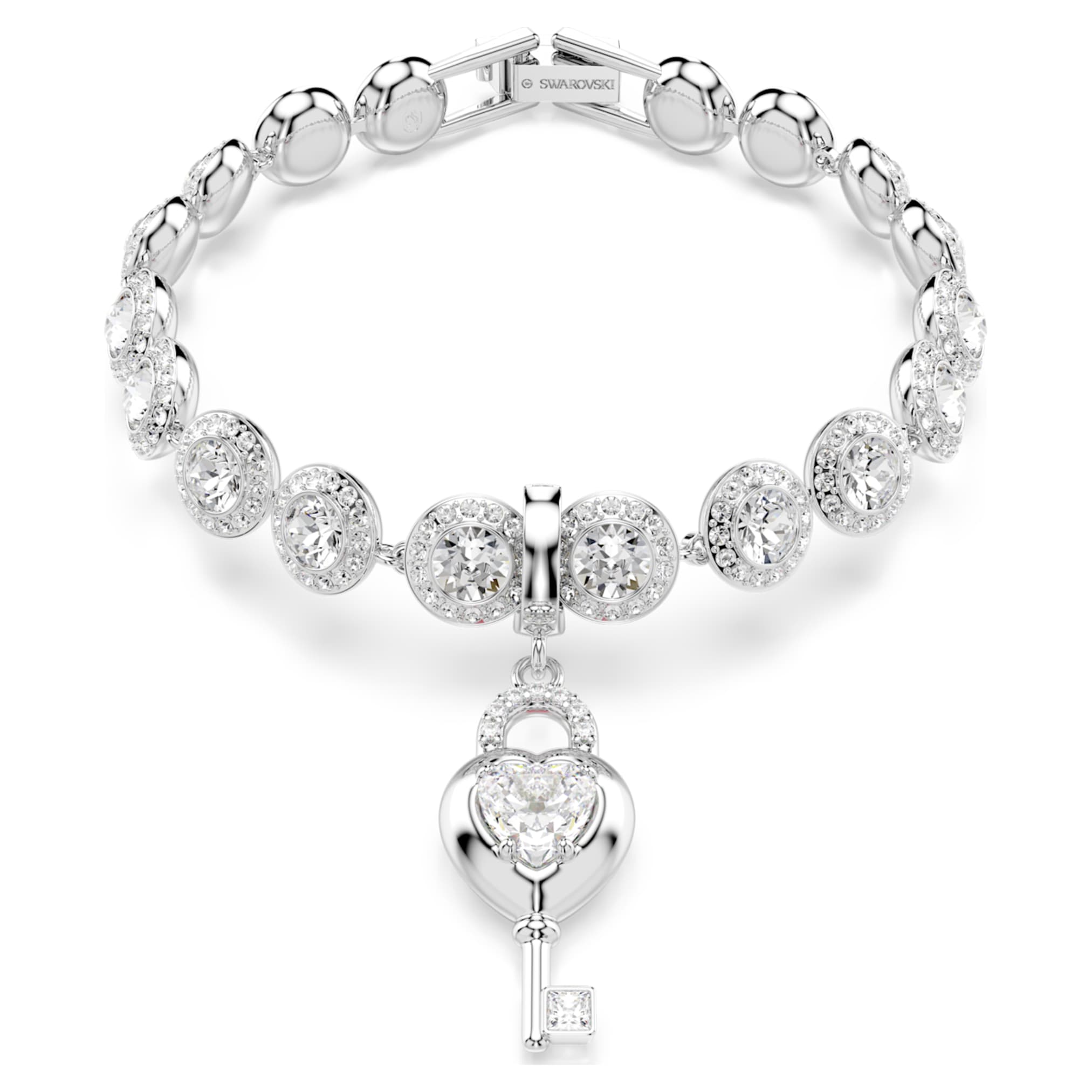 Swarovski Idyllia charm Mixed cuts, Heart with key, White, Rhodium plated
