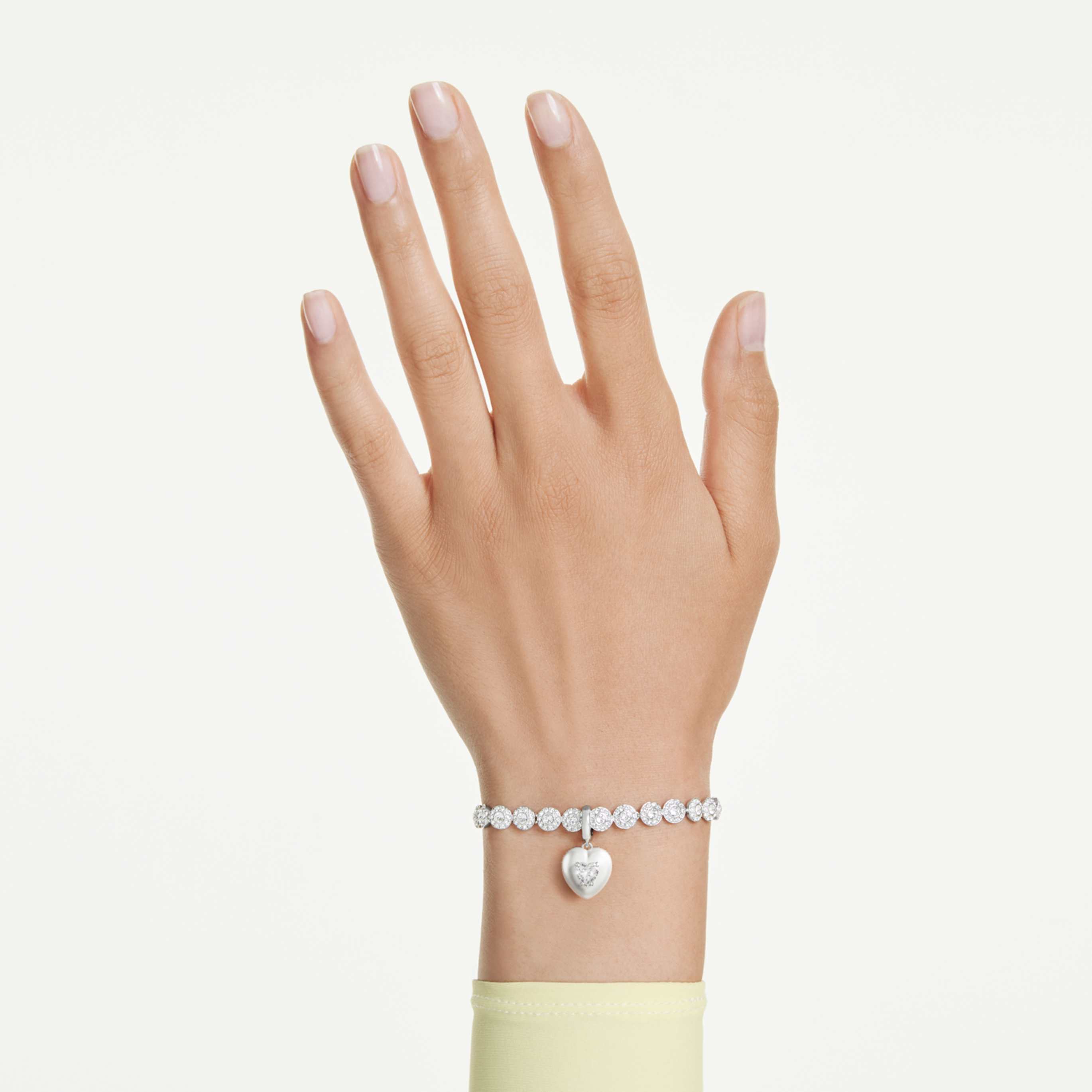Swarovski Idyllia charm Mixed cuts, Pearl-colored coating, Heart, White, Rhodium plated