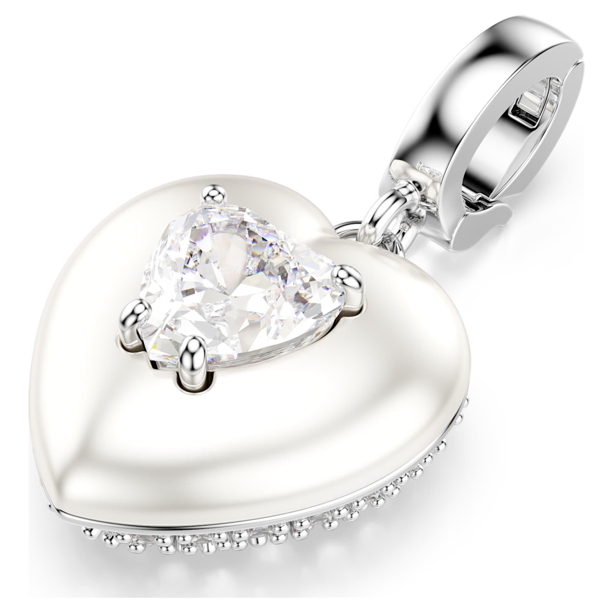 Swarovski Idyllia charm Mixed cuts, Pearl-colored coating, Heart, White, Rhodium plated