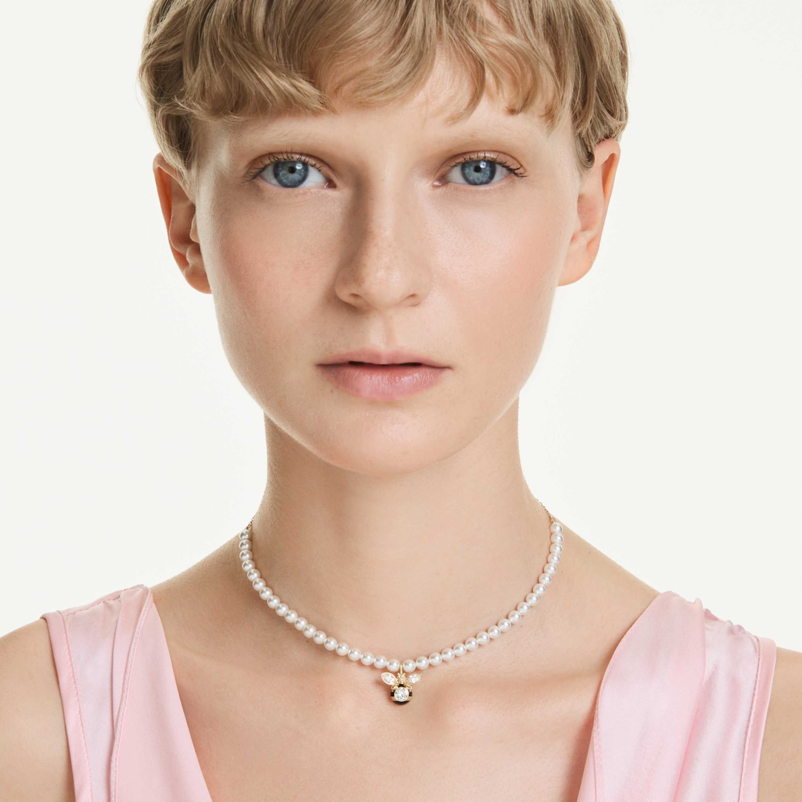 Swarovski Idyllia choker Crystal pearl, Mixed cuts, Bee, White, 18K gold finish