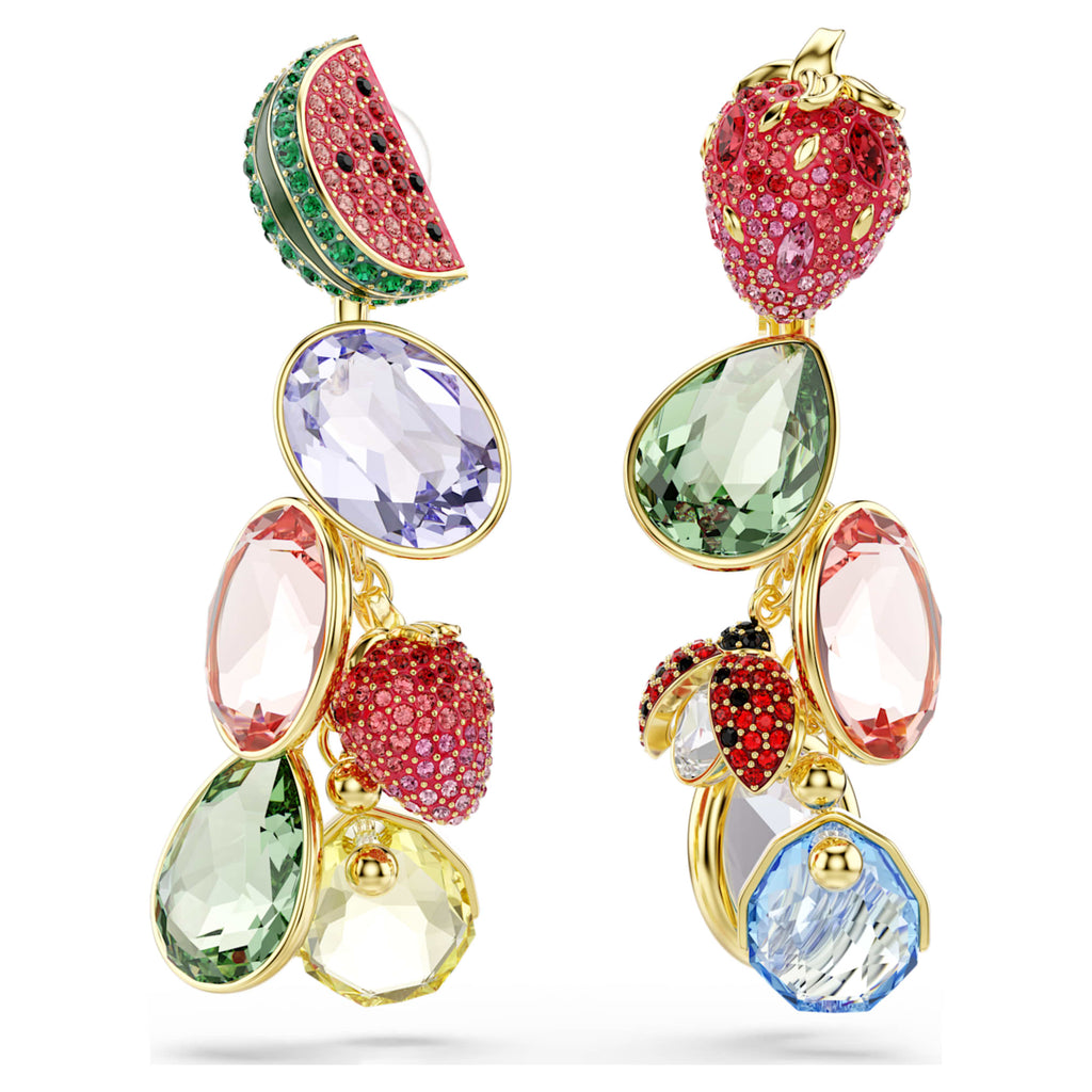 Swarovski Idyllia clip earrings Mixed cuts, Fruit, Ladybug, Multicolored, 18K gold finish