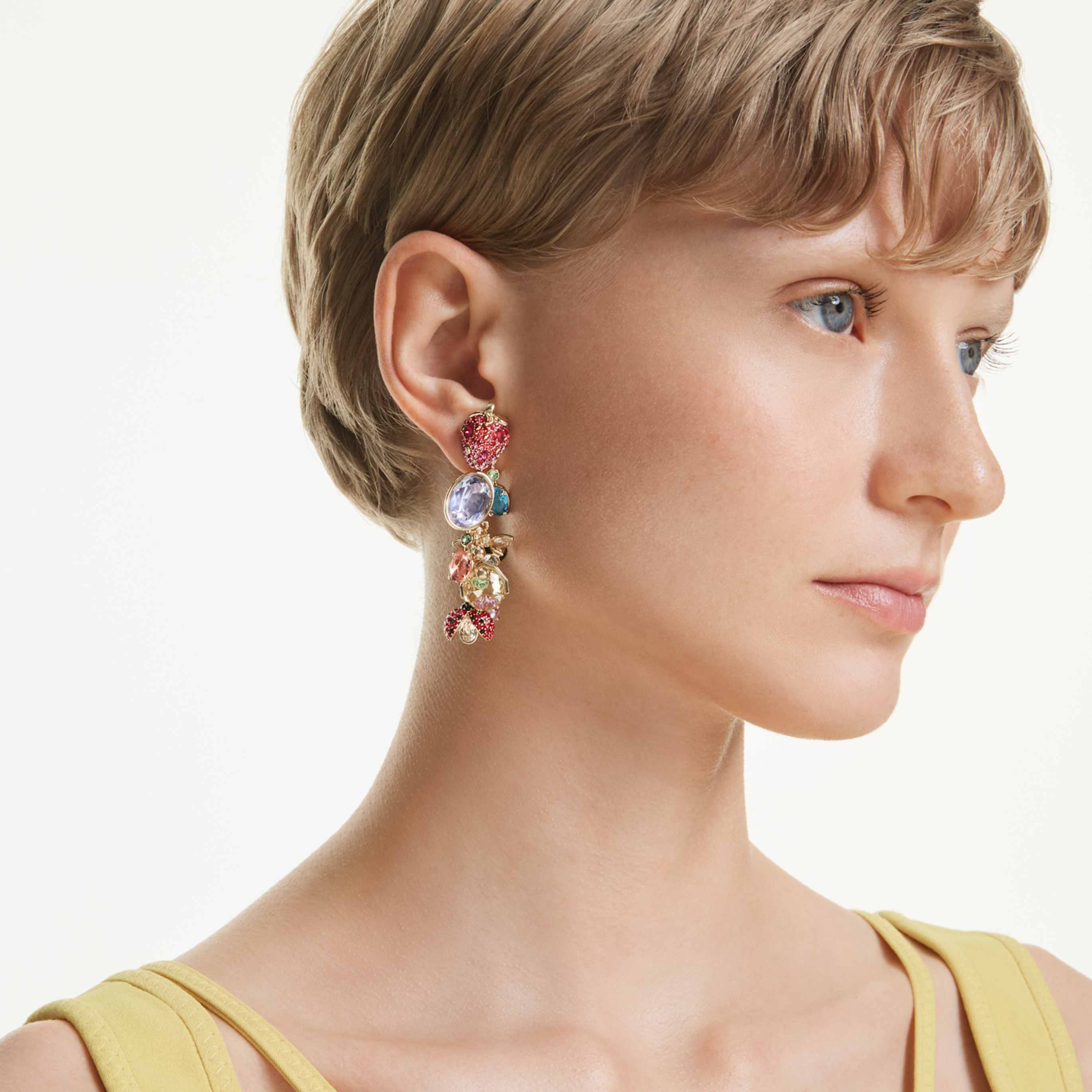 Swarovski Idyllia clip earrings Mixed cuts, Fruit, Ladybug, Multicolored, 18K gold finish