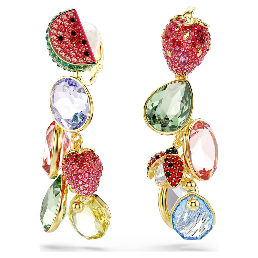 Swarovski Idyllia clip earrings Mixed cuts, Fruit, Ladybug, Multicolored, 18K gold finish
