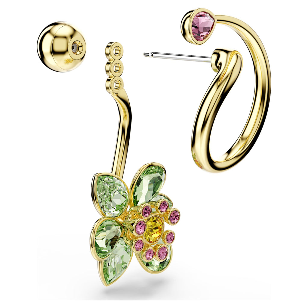 Swarovski Idyllia drop earrings Asymmetrical design, Mixed cuts, Flower, Multicolored, 18K gold finish