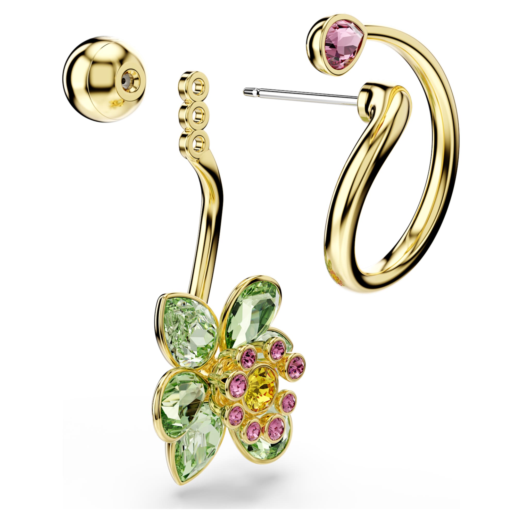Swarovski Idyllia drop earrings Asymmetrical design, Mixed cuts, Flower, Multicolored, 18K gold finish