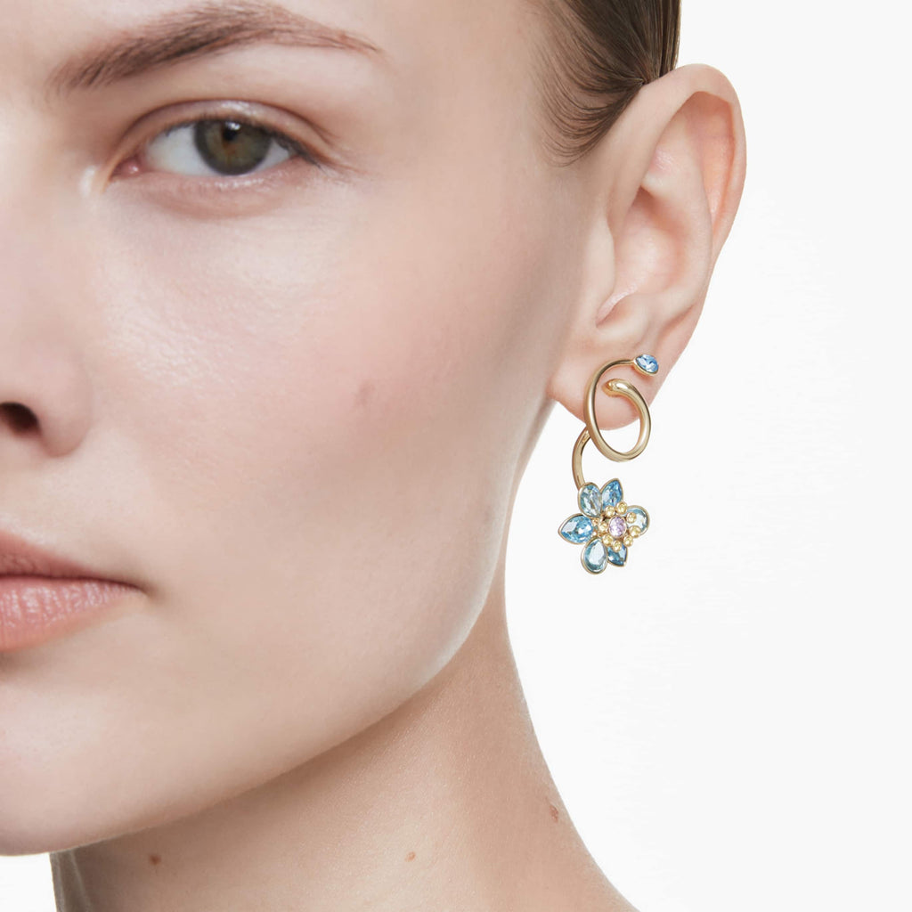 Swarovski Idyllia drop earrings Asymmetrical design, Mixed cuts, Flower, Multicolored, 18K gold finish