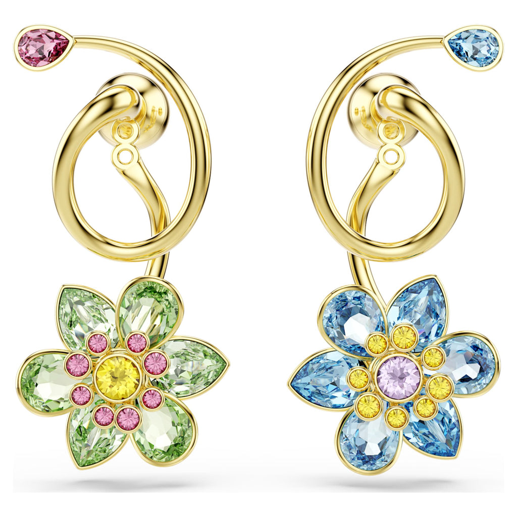 Swarovski Idyllia drop earrings Asymmetrical design, Mixed cuts, Flower, Multicolored, 18K gold finish