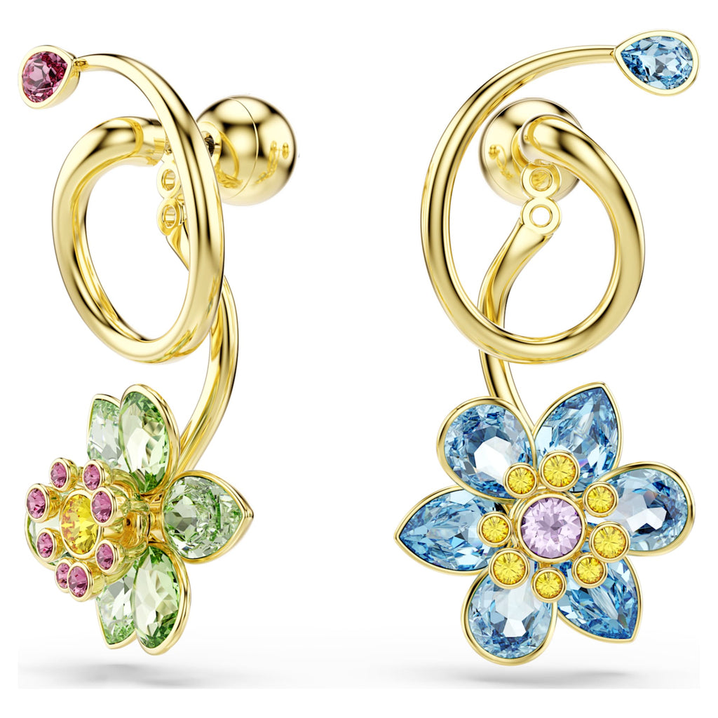 Swarovski Idyllia drop earrings Asymmetrical design, Mixed cuts, Flower, Multicolored, 18K gold finish