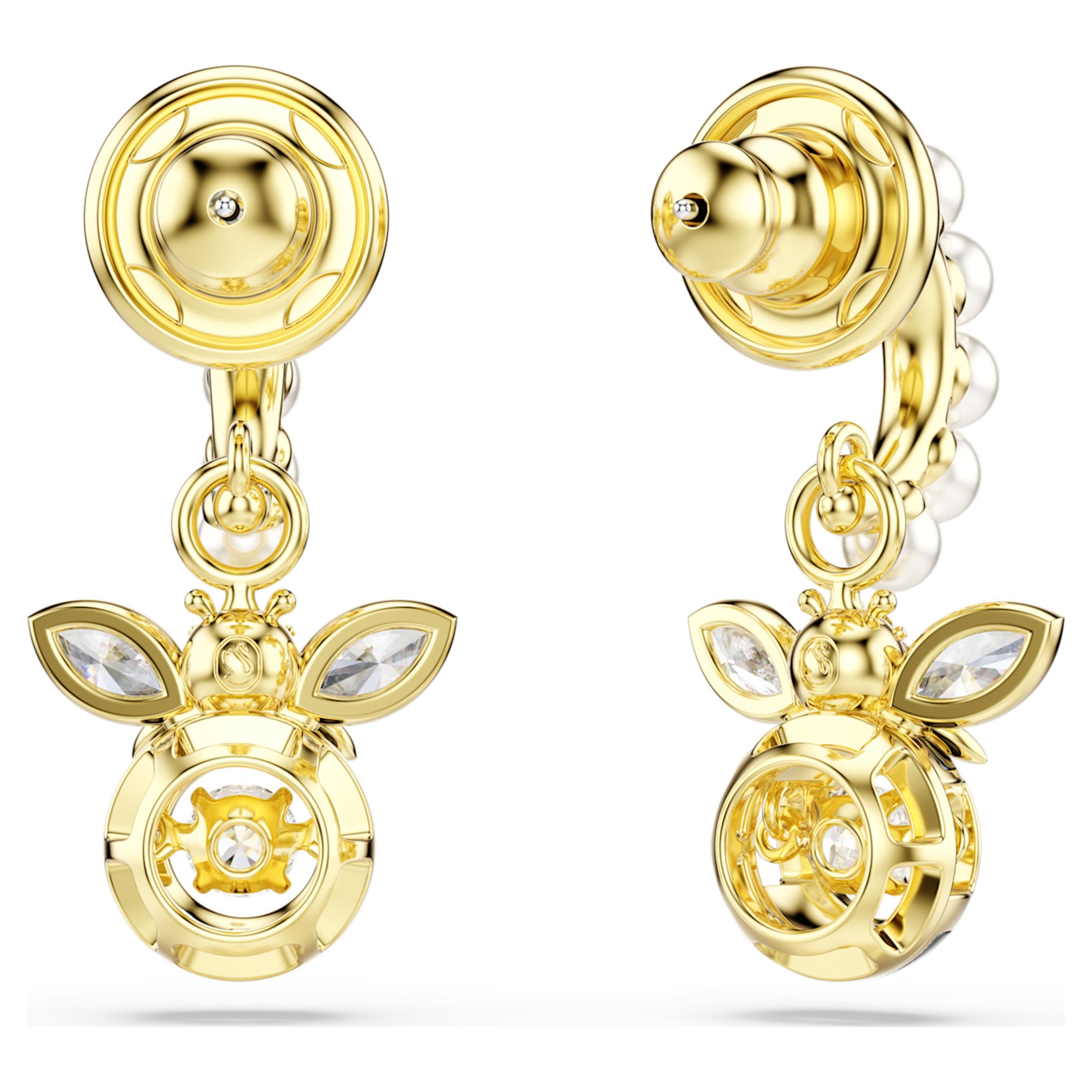 Swarovski Idyllia drop earrings Crystal pearl, Mixed cuts, Bee, Multicolored, 18K gold finish