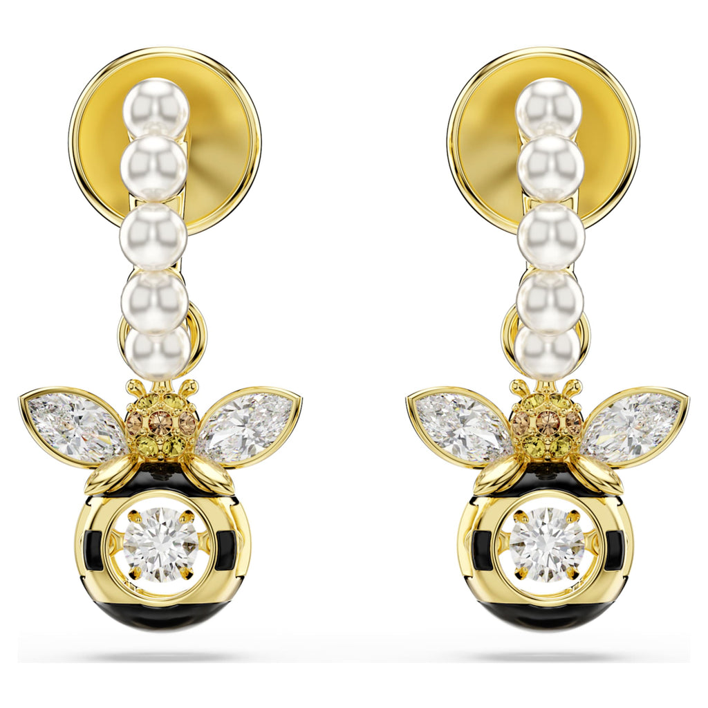 Swarovski Idyllia drop earrings Crystal pearl, Mixed cuts, Bee, Multicolored, 18K gold finish
