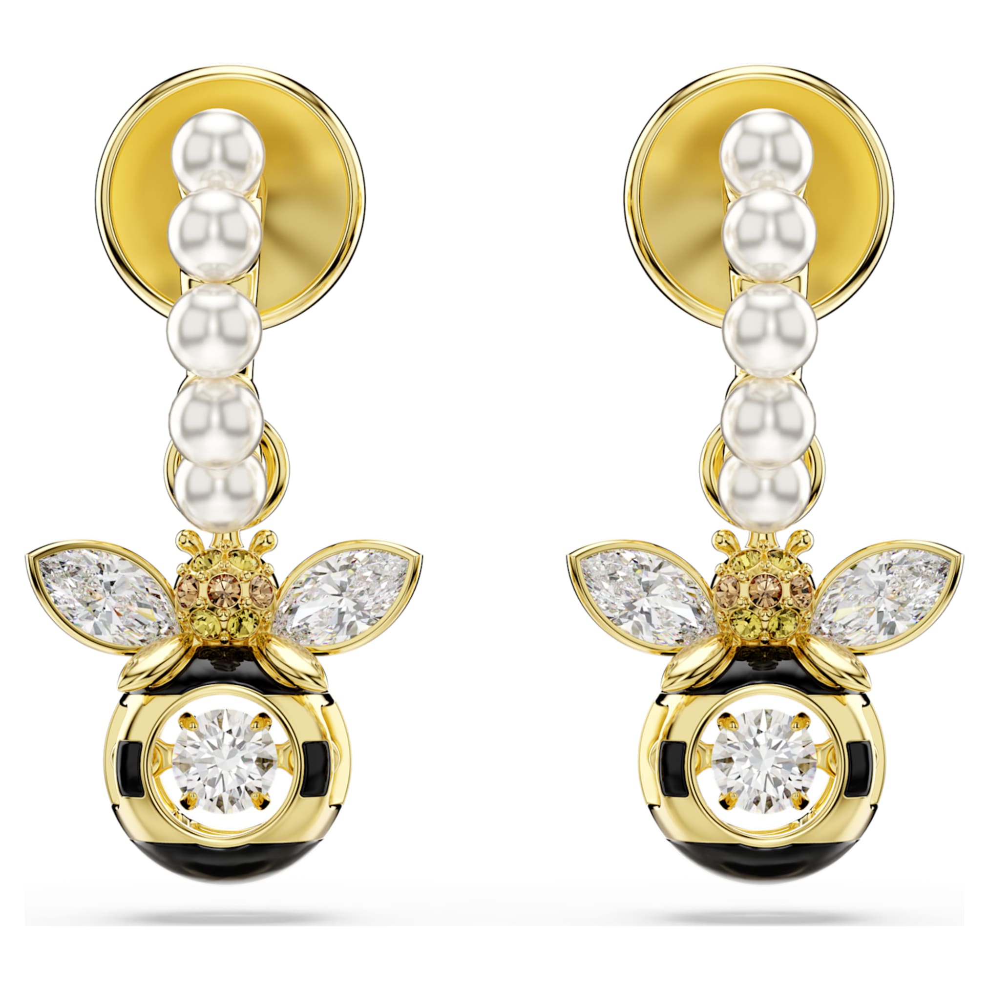 Swarovski Idyllia drop earrings Crystal pearl, Mixed cuts, Bee, Multicolored, 18K gold finish