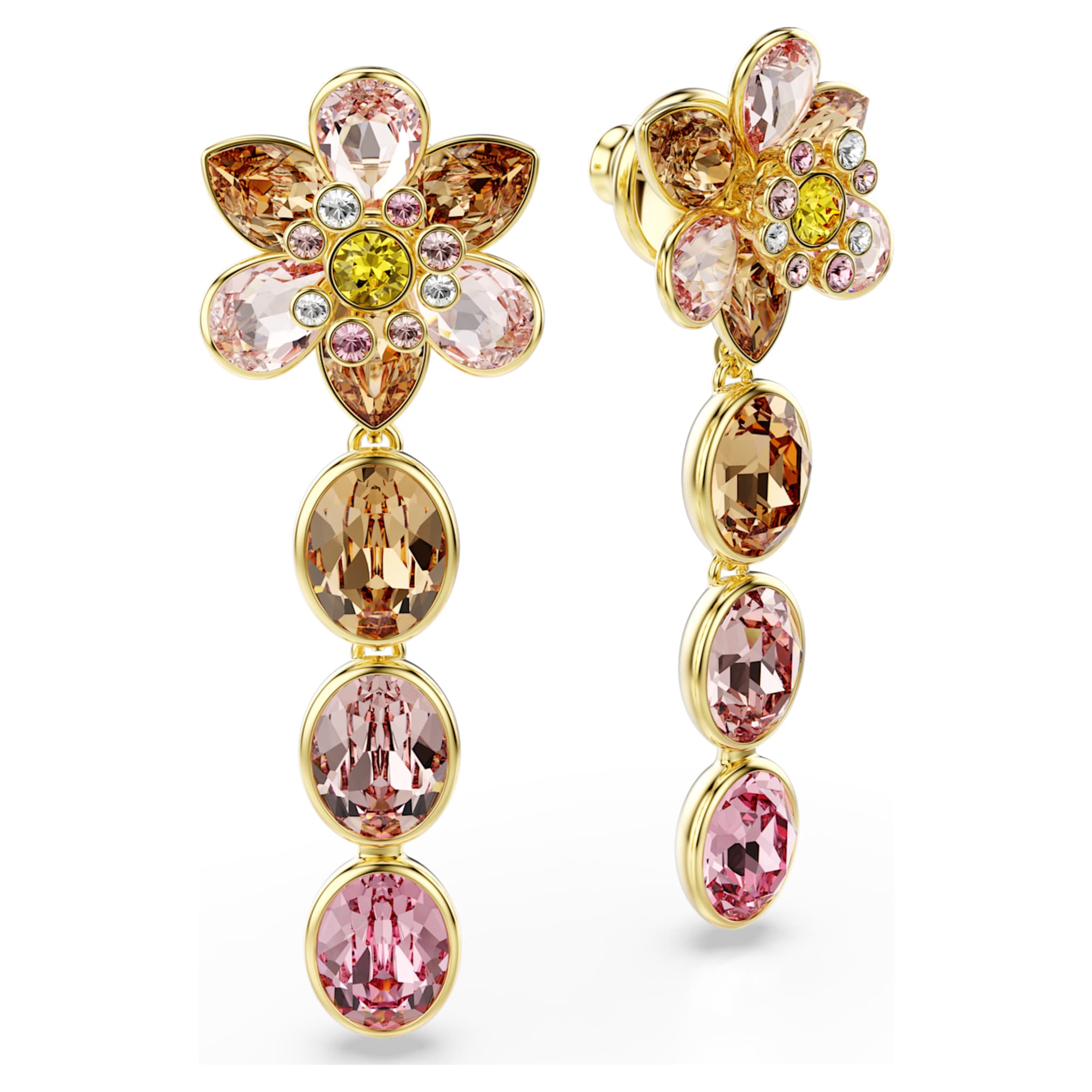 Swarovski Idyllia drop earrings Mixed cuts, Flower, Multicolored, 18K gold finish