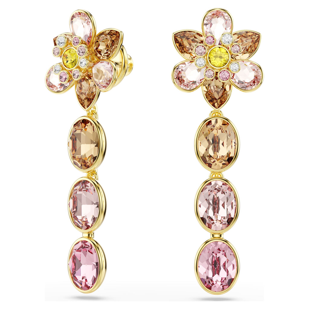 Swarovski Idyllia drop earrings Mixed cuts, Flower, Multicolored, 18K gold finish