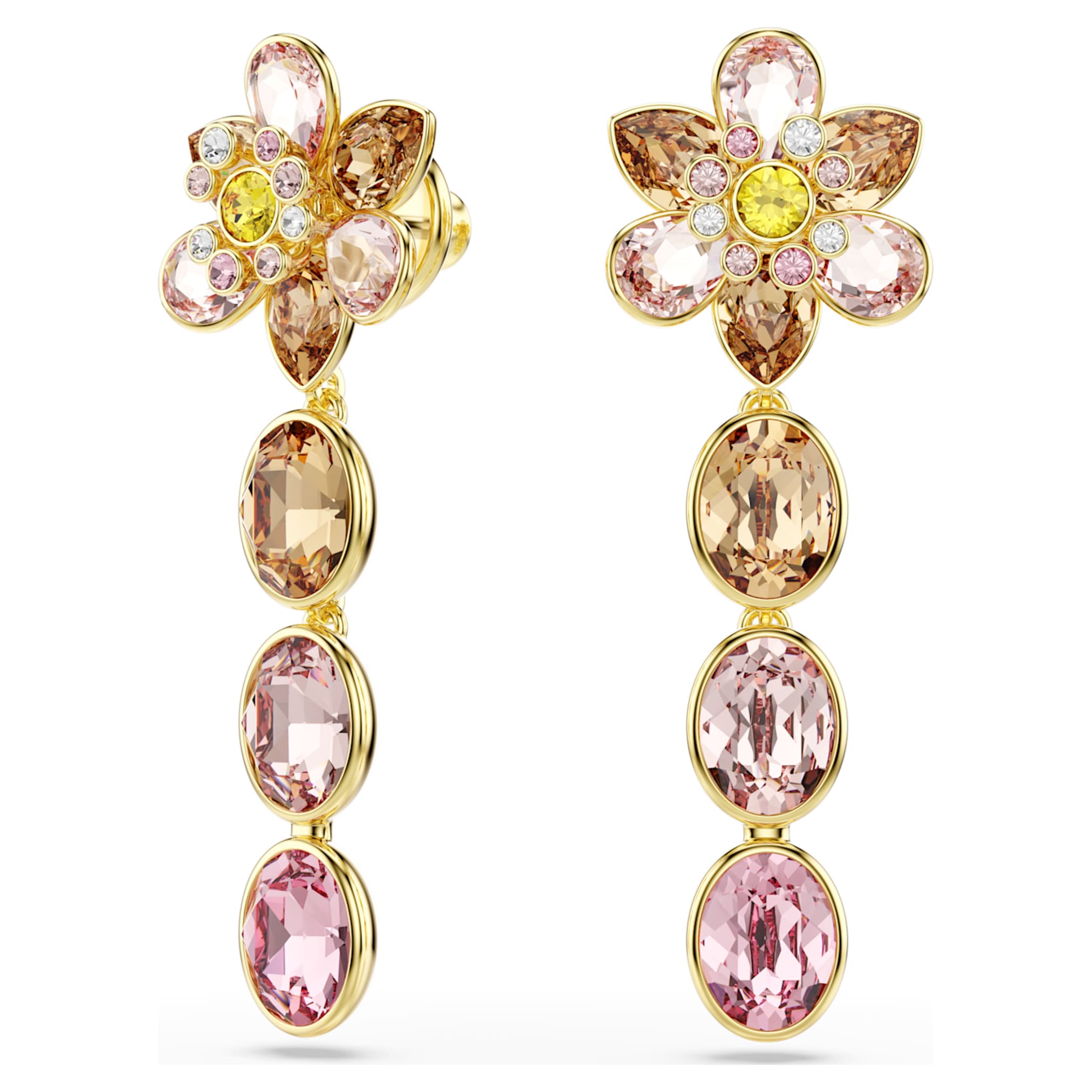 Swarovski Idyllia drop earrings Mixed cuts, Flower, Multicolored, 18K gold finish