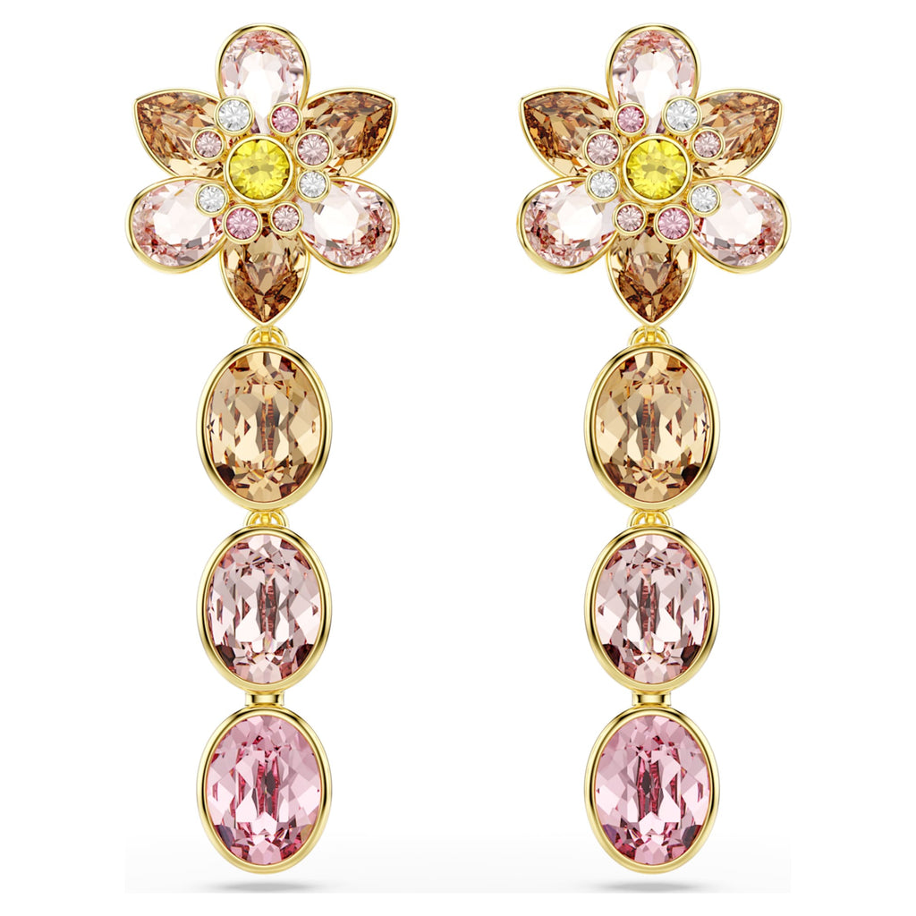 Swarovski Idyllia drop earrings Mixed cuts, Flower, Multicolored, 18K gold finish
