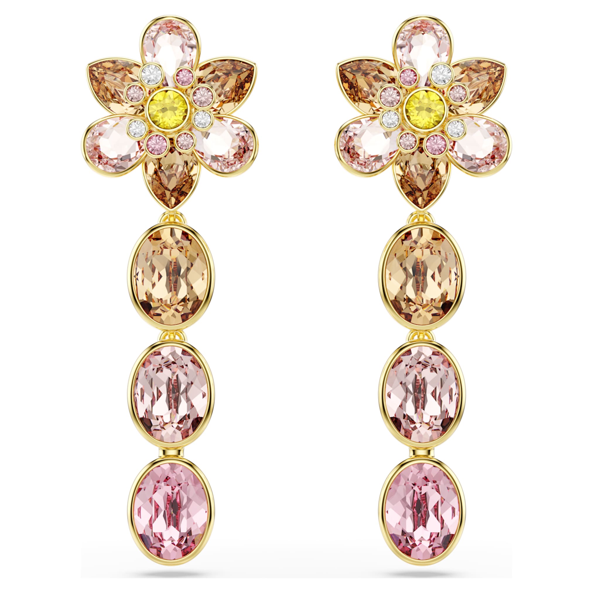 Swarovski Idyllia drop earrings Mixed cuts, Flower, Multicolored, 18K gold finish