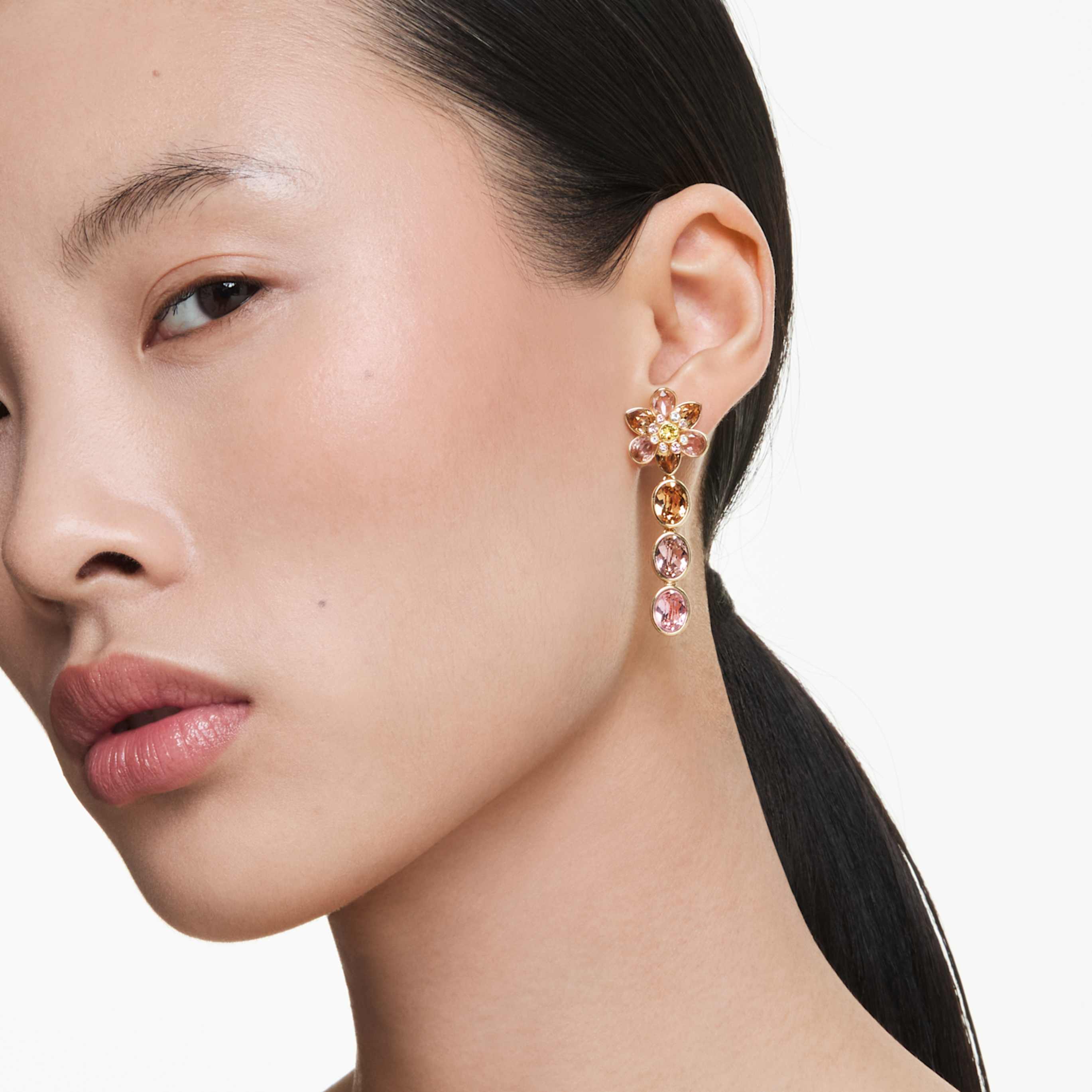 Swarovski Idyllia drop earrings Mixed cuts, Flower, Multicolored, 18K gold finish