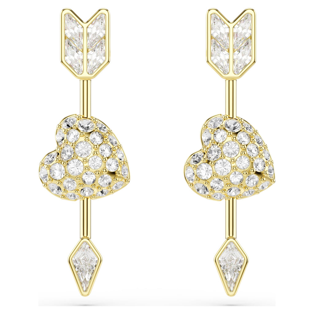 Swarovski Idyllia drop earrings Mixed cuts, Heart with arrow, White, 18K gold finish