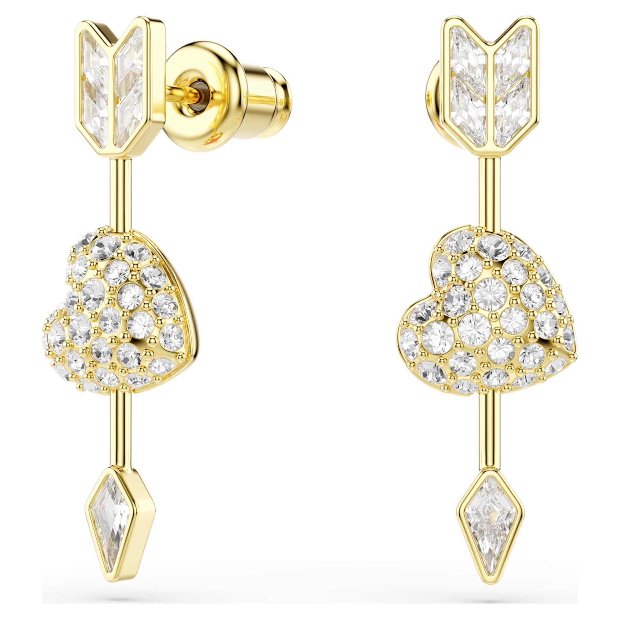 Swarovski Idyllia drop earrings Mixed cuts, Heart with arrow, White, 18K gold finish