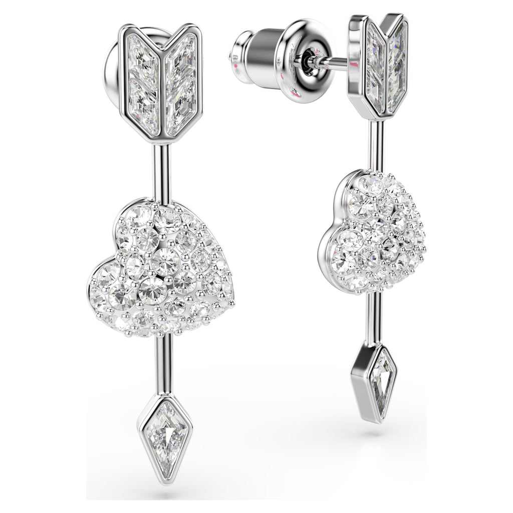 Swarovski Idyllia drop earrings Mixed cuts, Heart with arrow, White, Rhodium plated