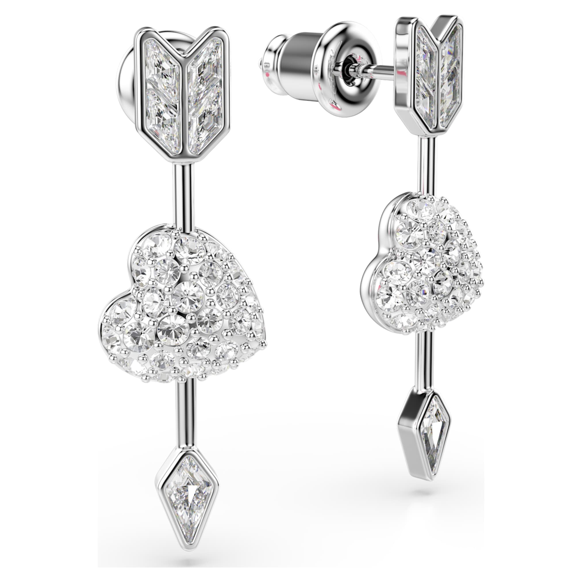 Swarovski Idyllia drop earrings Mixed cuts, Heart with arrow, White, Rhodium plated