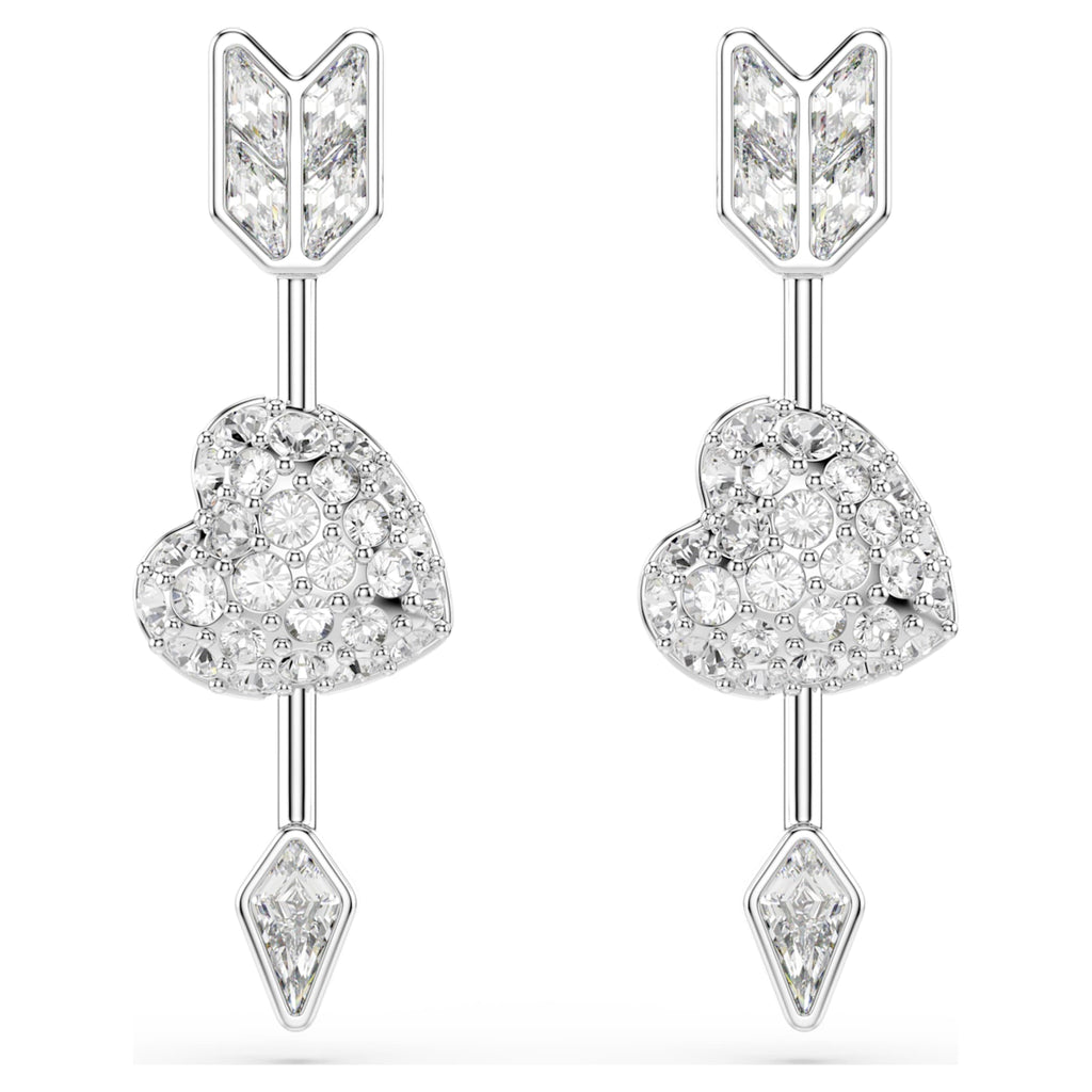 Swarovski Idyllia drop earrings Mixed cuts, Heart with arrow, White, Rhodium plated
