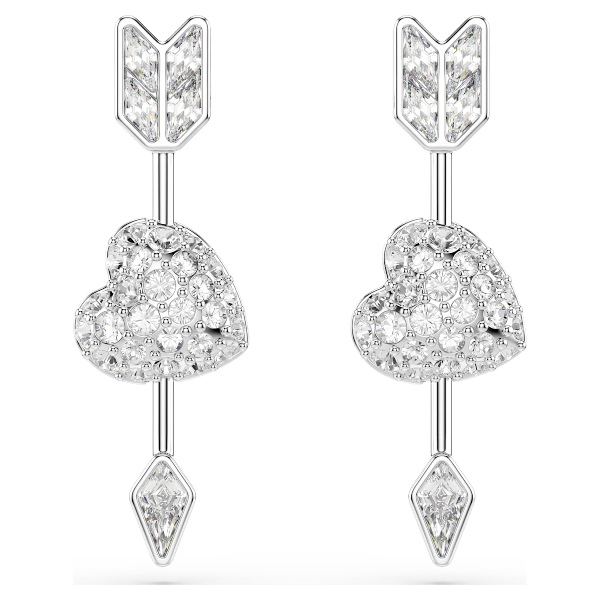 Swarovski Idyllia drop earrings Mixed cuts, Heart with arrow, White, Rhodium plated