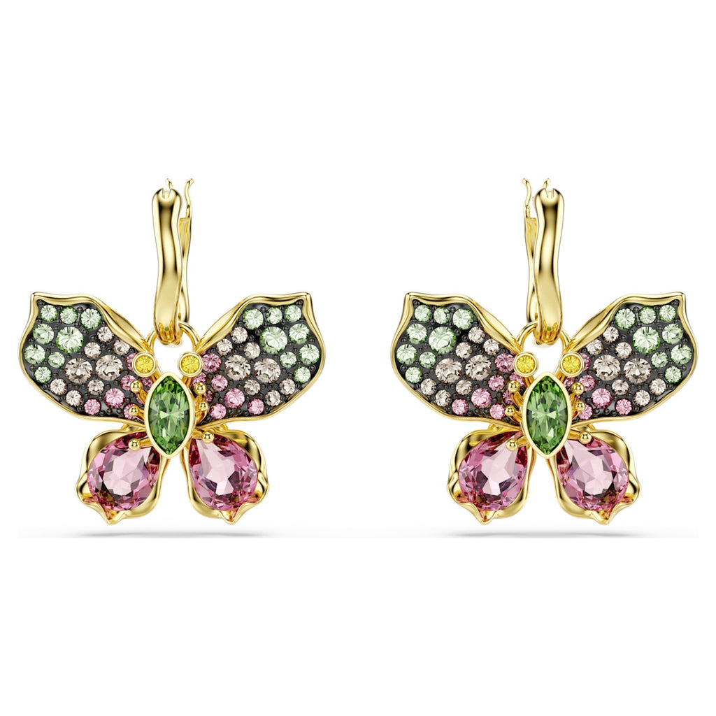Swarovski Idyllia drop earrings Mixed cuts, Pavé, Butterfly, Multicolored, 18K gold finish