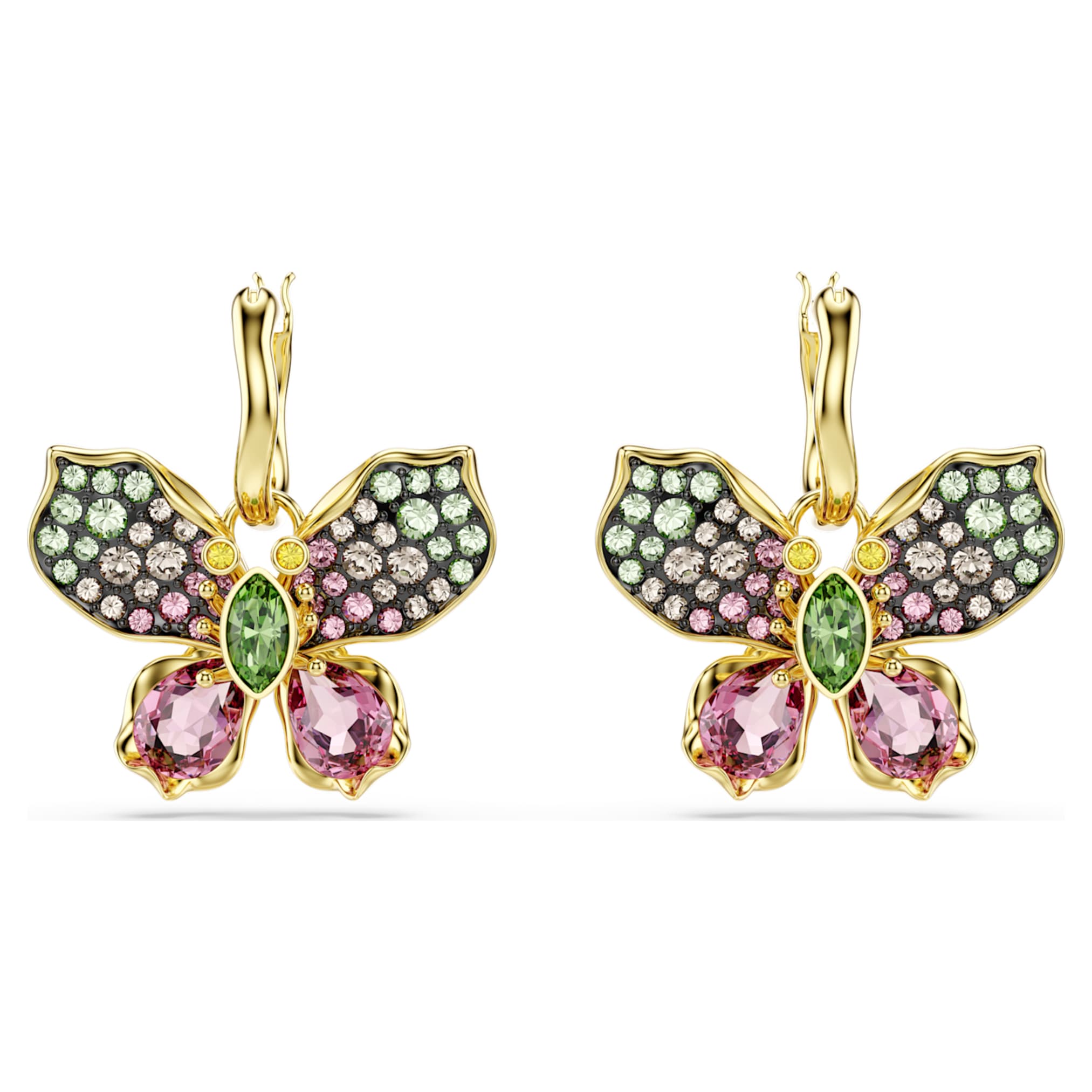 Swarovski Idyllia drop earrings Mixed cuts, Pavé, Butterfly, Multicolored, 18K gold finish