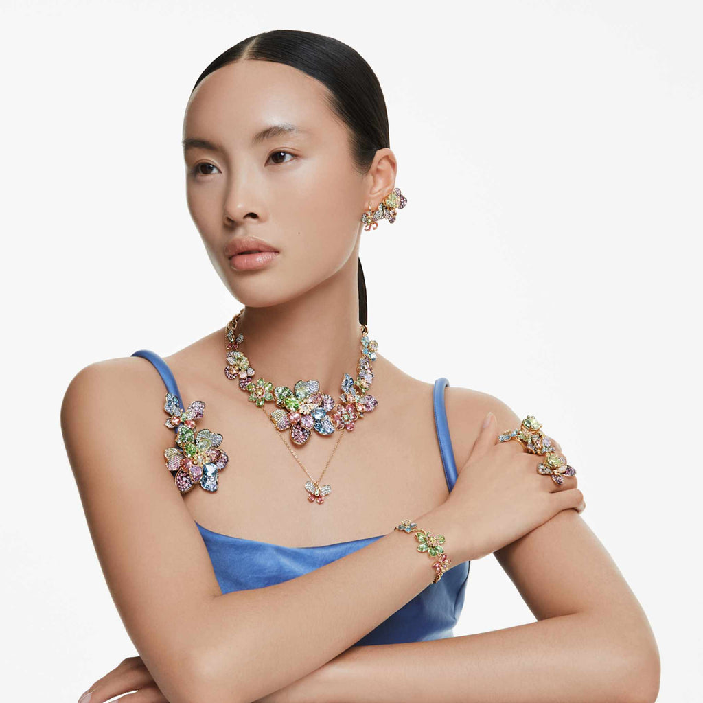 Swarovski Idyllia drop earrings Mixed cuts, Pavé, Butterfly, Multicolored, 18K gold finish
