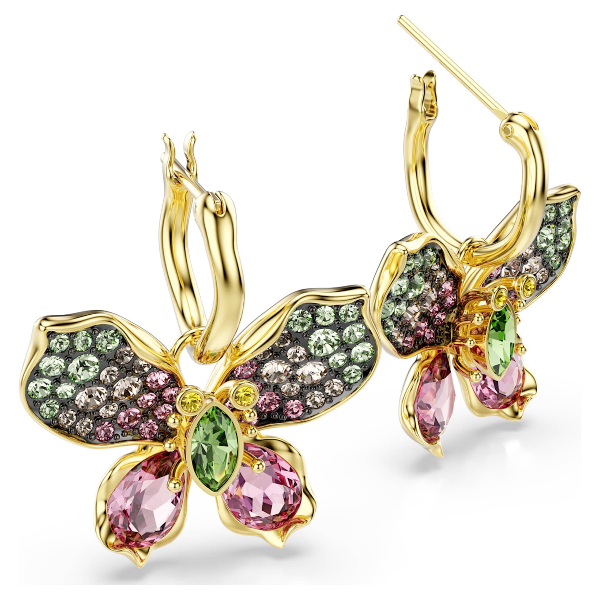 Swarovski Idyllia drop earrings Mixed cuts, Pavé, Butterfly, Multicolored, 18K gold finish