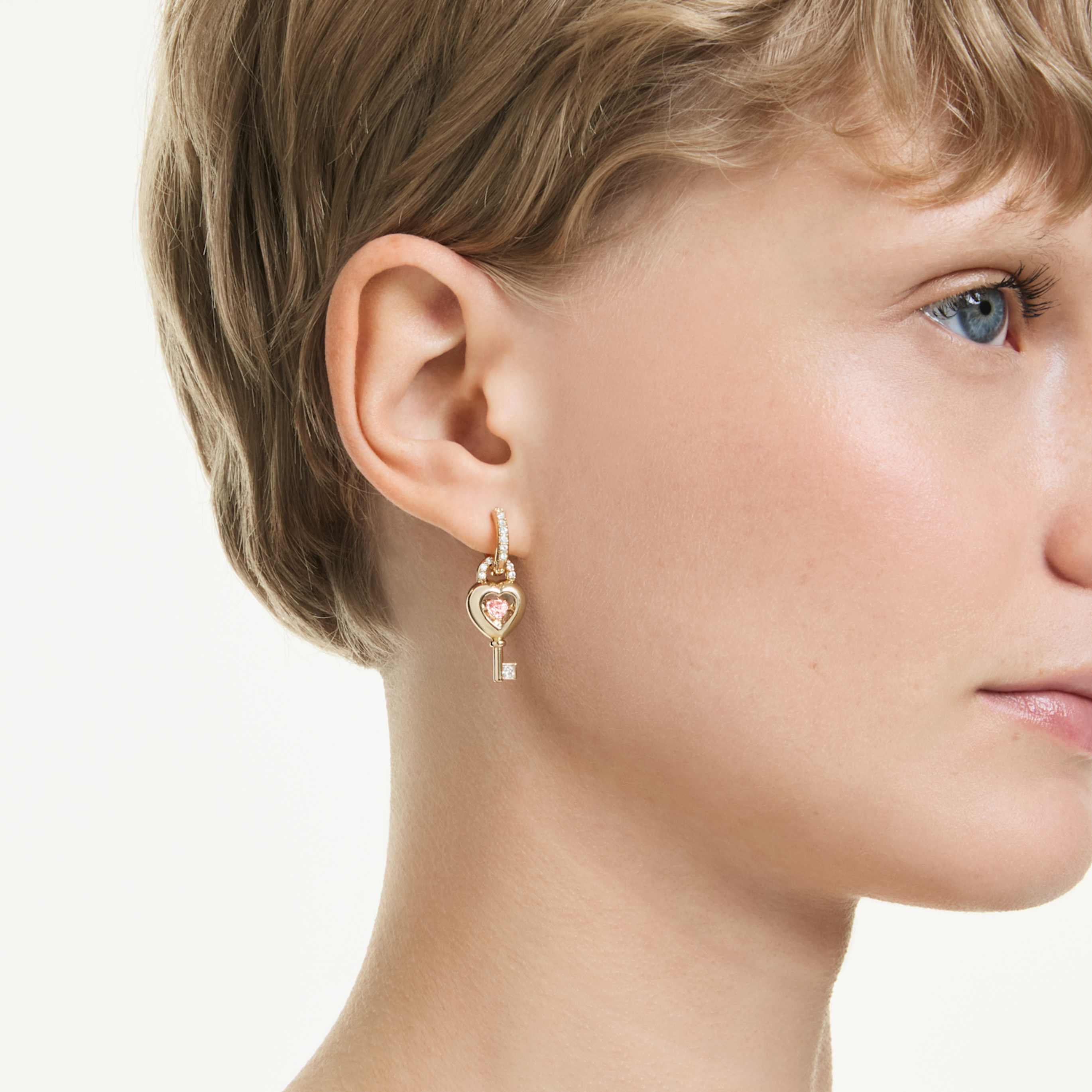 Swarovski Idyllia drop earrings with ear cuff Mixed cuts, Heart with key, Pink, 18K gold finish