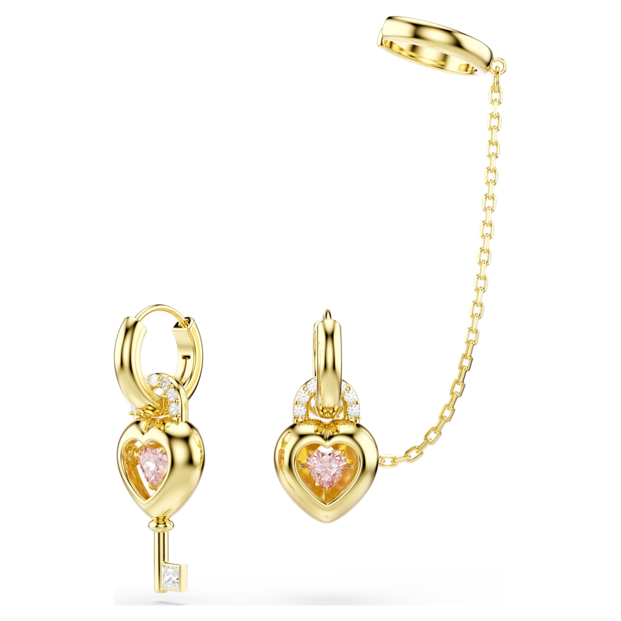 Swarovski Idyllia drop earrings with ear cuff Mixed cuts, Heart with key, Pink, 18K gold finish