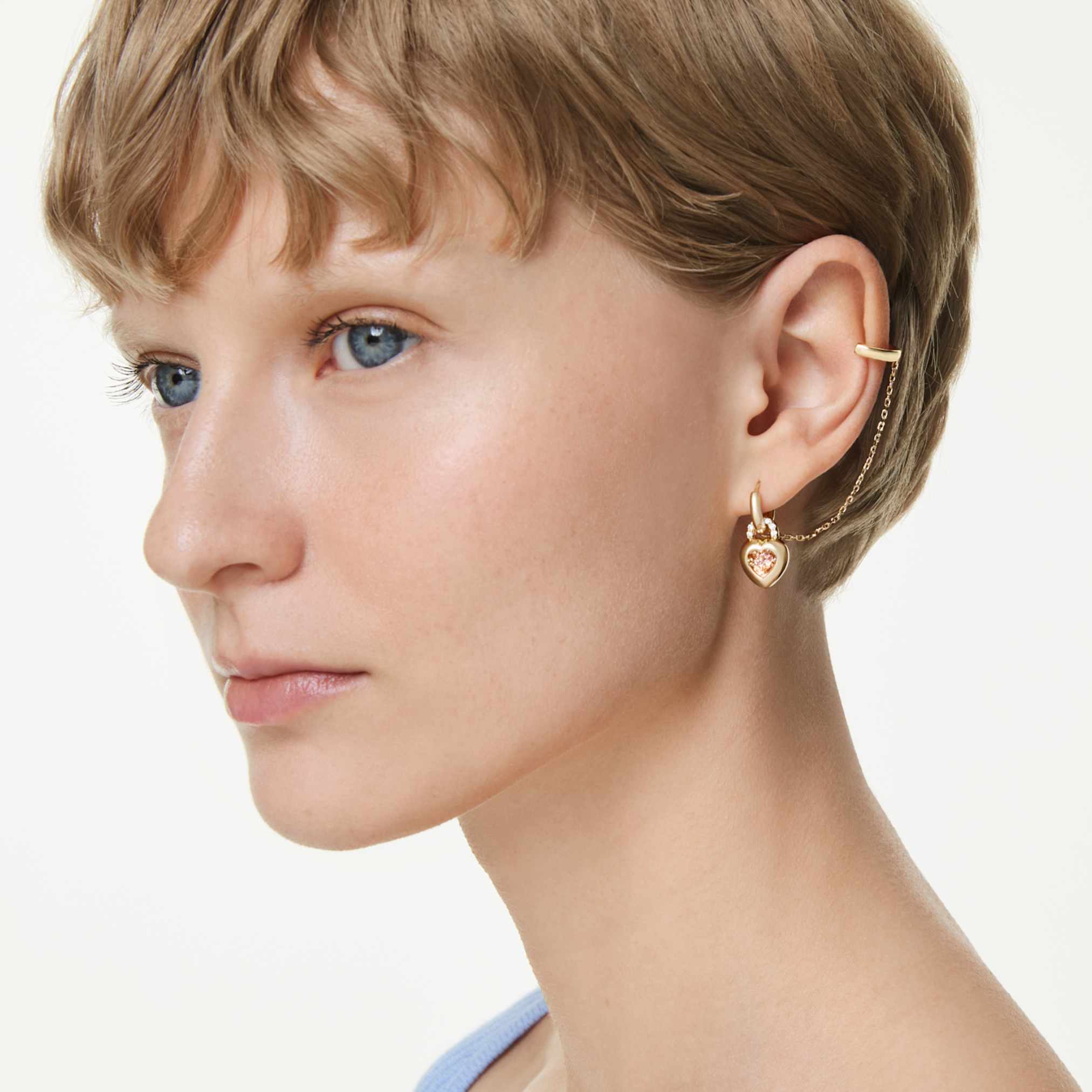 Swarovski Idyllia drop earrings with ear cuff Mixed cuts, Heart with key, Pink, 18K gold finish