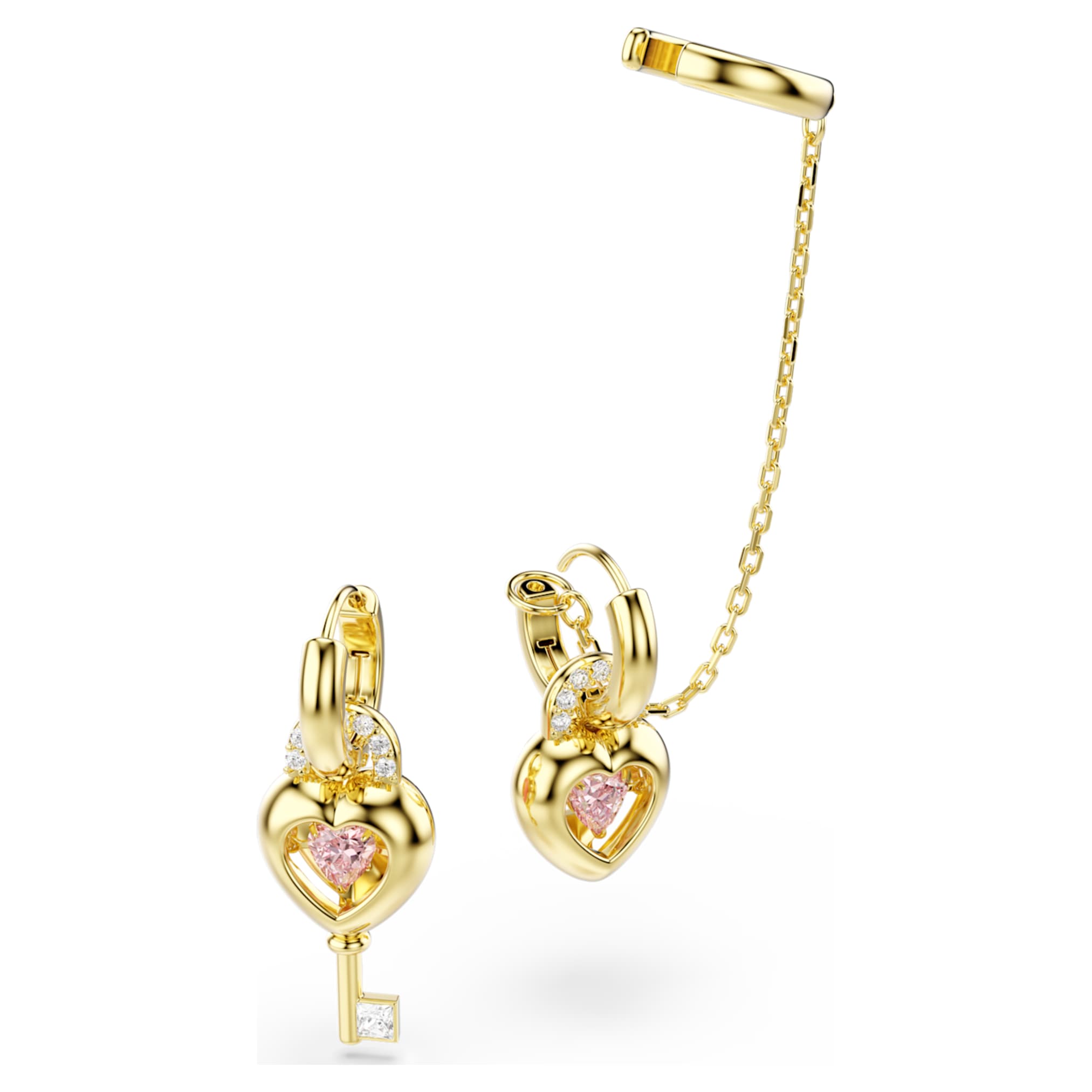 Swarovski Idyllia drop earrings with ear cuff Mixed cuts, Heart with key, Pink, 18K gold finish