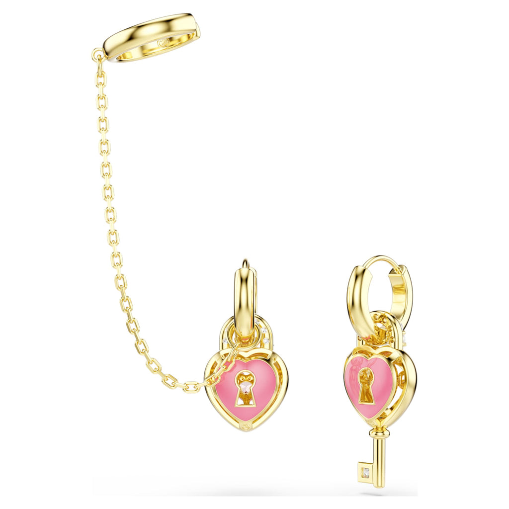 Swarovski Idyllia drop earrings with ear cuff Mixed cuts, Heart with key, Pink, 18K gold finish
