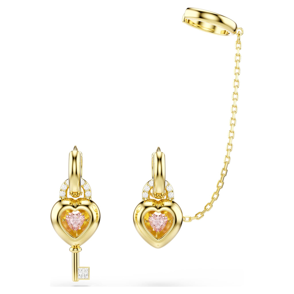 Swarovski Idyllia drop earrings with ear cuff Mixed cuts, Heart with key, Pink, 18K gold finish