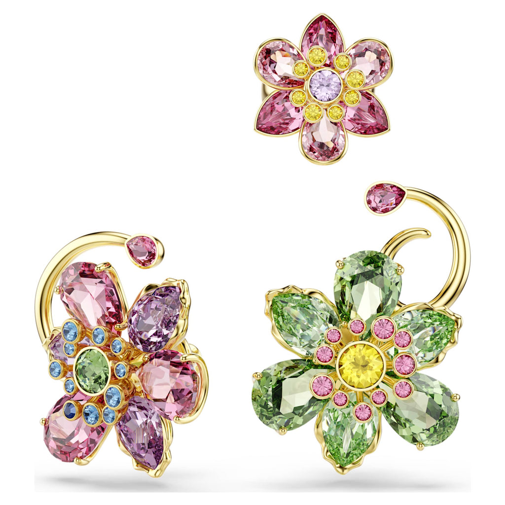 Swarovski Idyllia ear cuff Set (3), Asymmetrical design, Mixed cuts, Flower, Multicolored, 18K gold finish