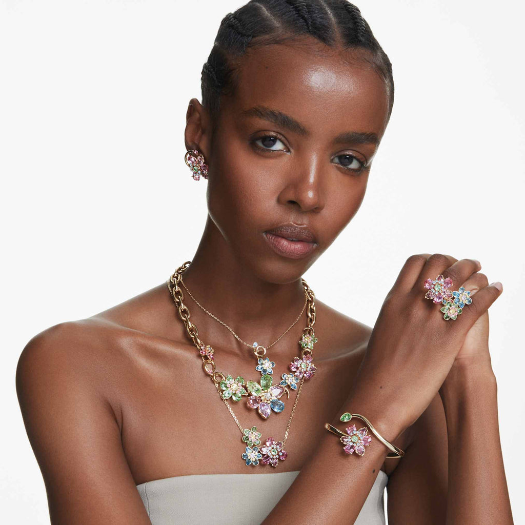 Swarovski Idyllia ear cuff Set (3), Asymmetrical design, Mixed cuts, Flower, Multicolored, 18K gold finish