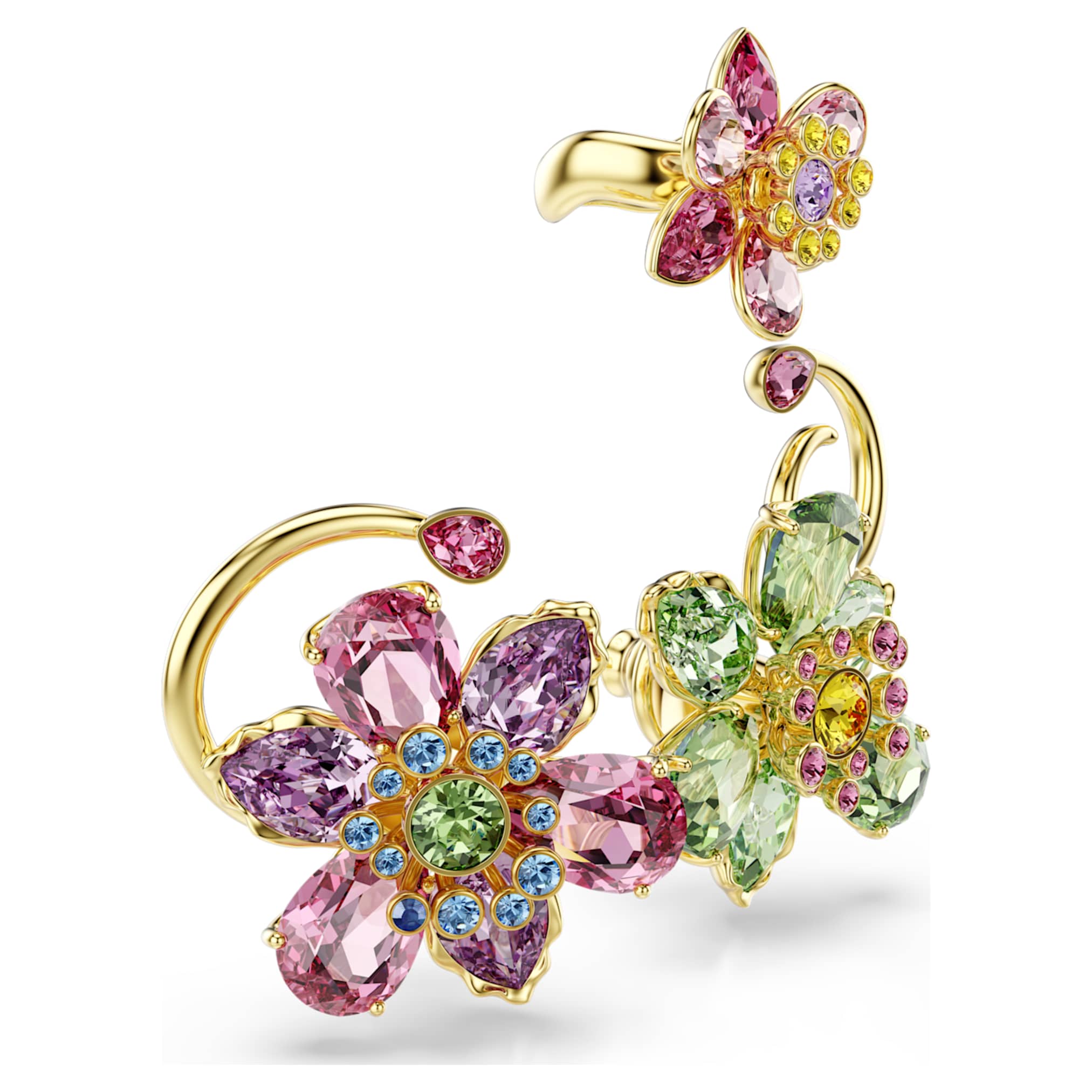 Swarovski Idyllia ear cuff Set (3), Asymmetrical design, Mixed cuts, Flower, Multicolored, 18K gold finish