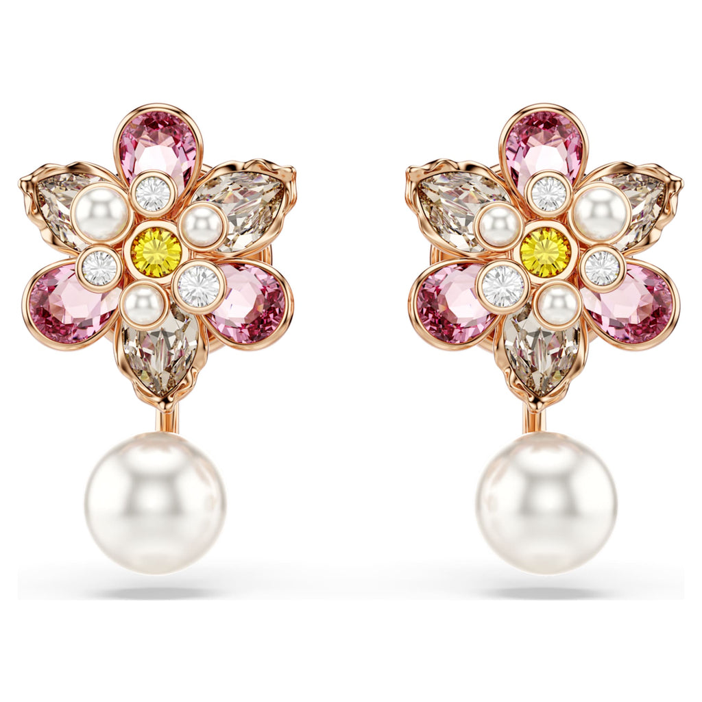 Swarovski Idyllia earring jackets Crystal pearl, Mixed cuts, Flower, Multicolored, 18K rose gold finish