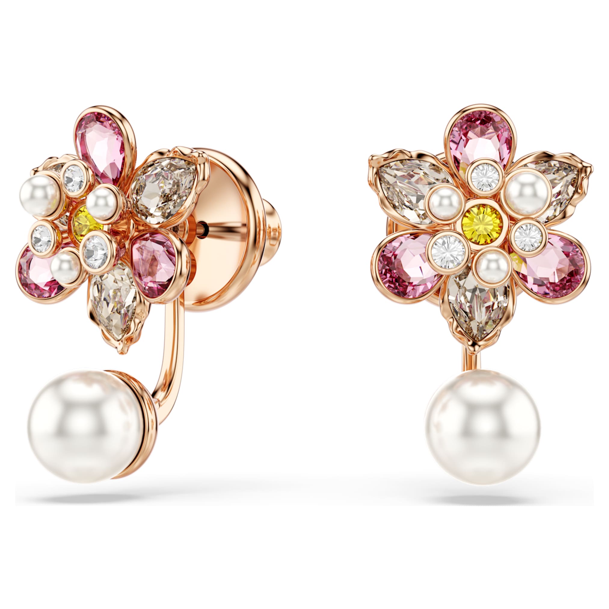 Swarovski Idyllia earring jackets Crystal pearl, Mixed cuts, Flower, Multicolored, 18K rose gold finish