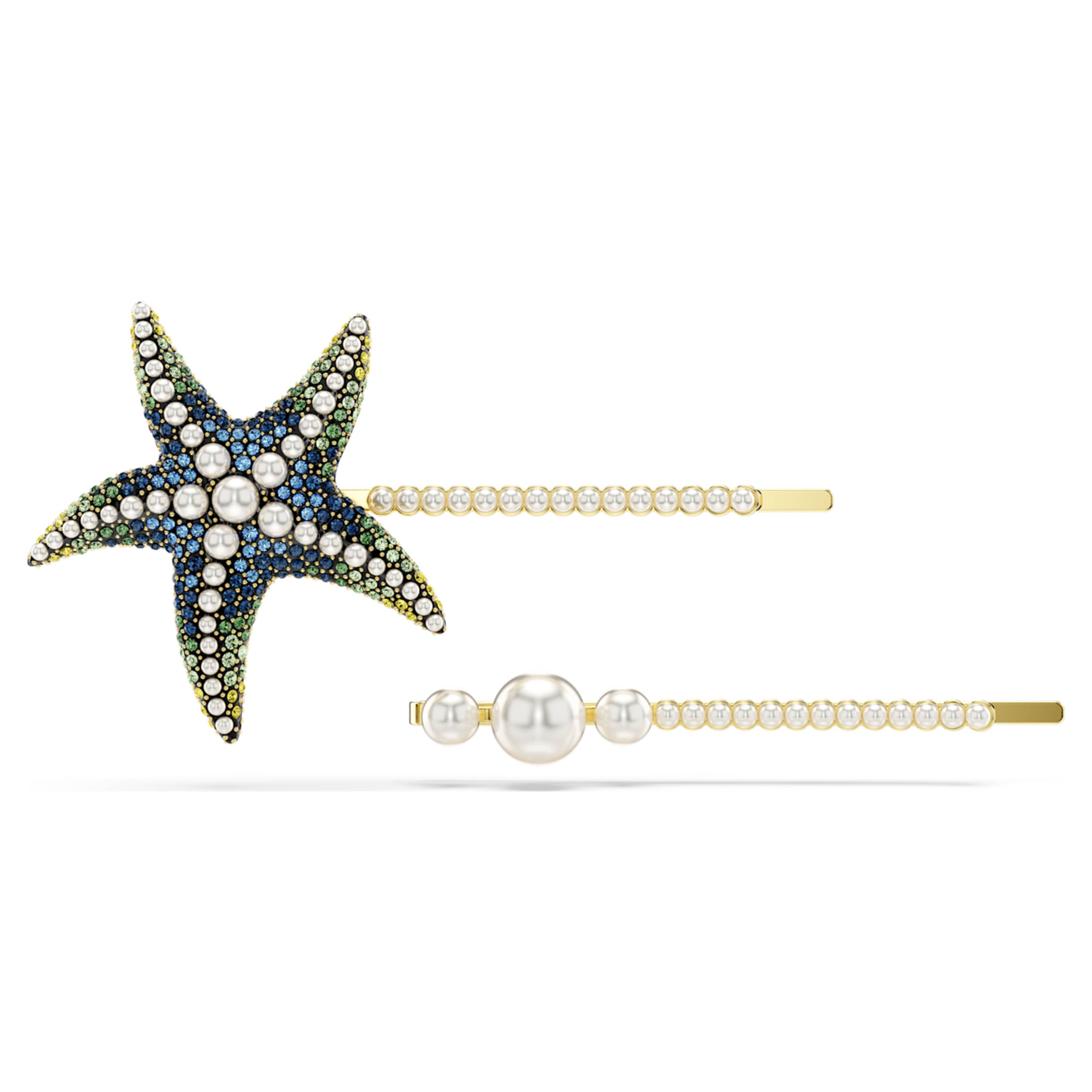 Swarovski Idyllia hair pin Set (2), Crystal pearls, Starfish, Multicolored, Gold-tone plated